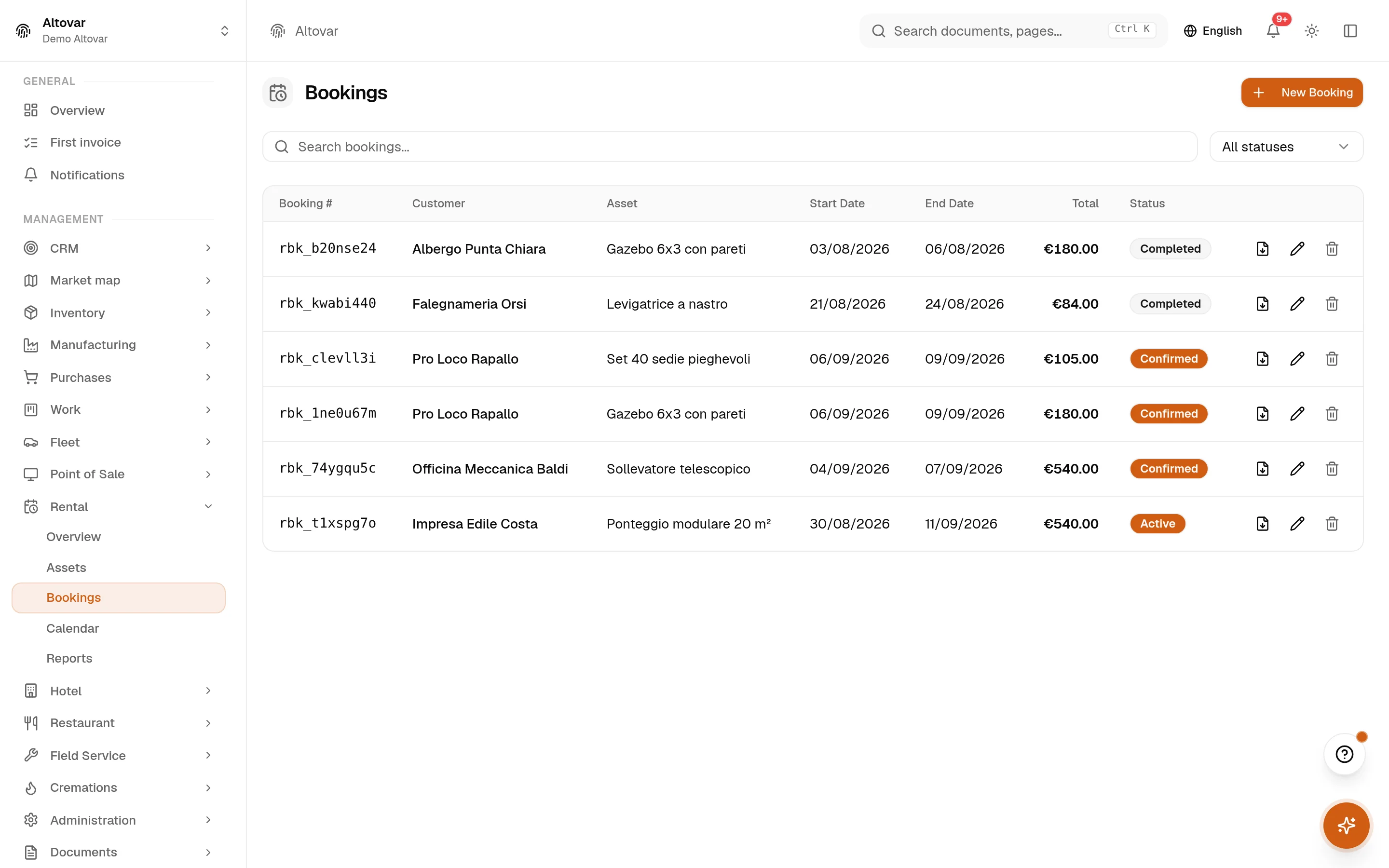 The Equinox rental bookings list: bookings of a demo company with customer, asset, dates, total and state.