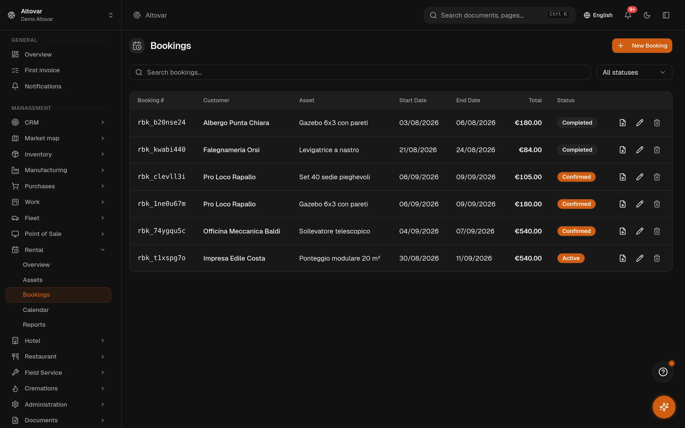 The Equinox rental bookings list: bookings of a demo company with customer, asset, dates, total and state.