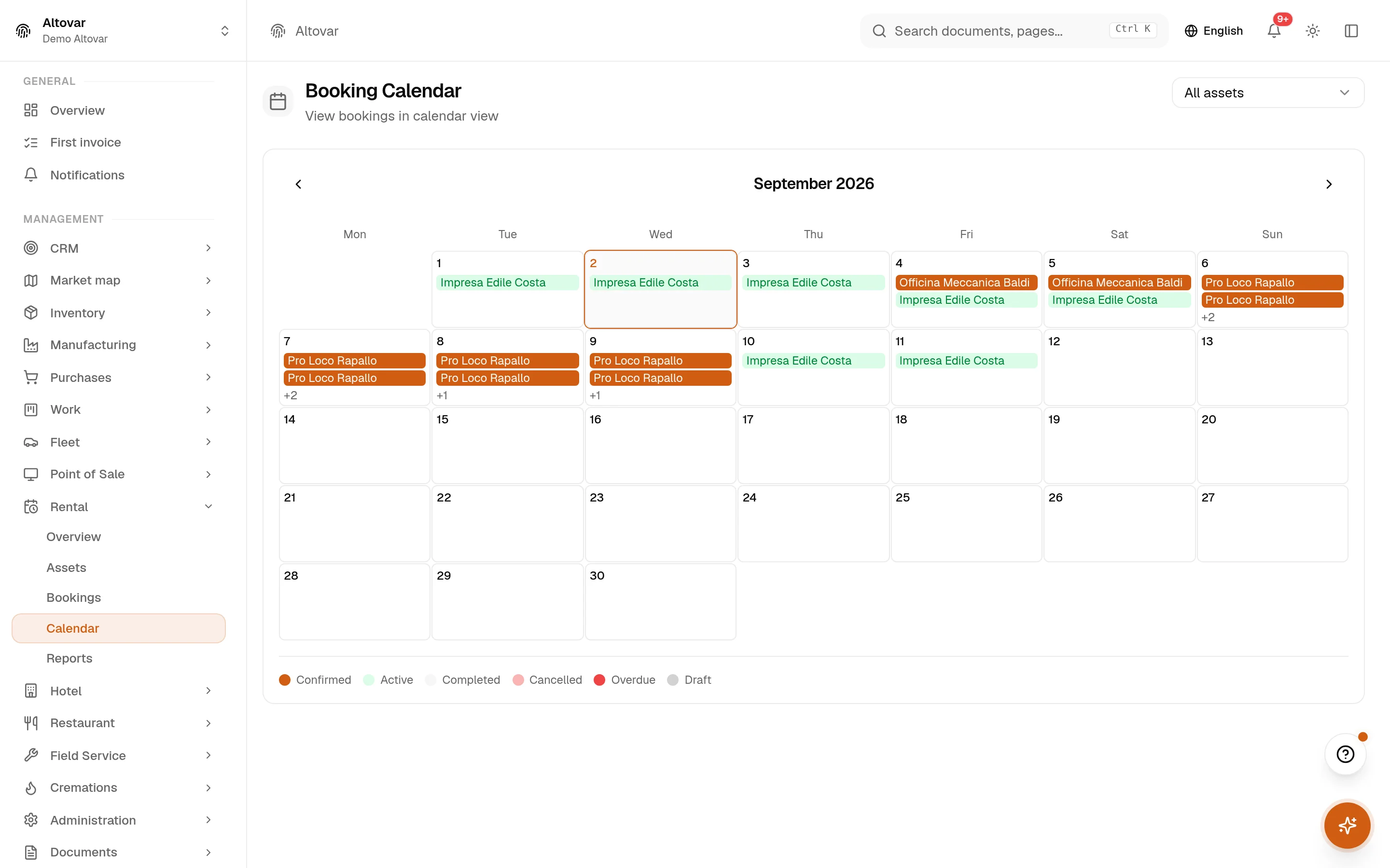 The Equinox rental calendar: a month grid with the bookings of a demo company drawn on their days by state.