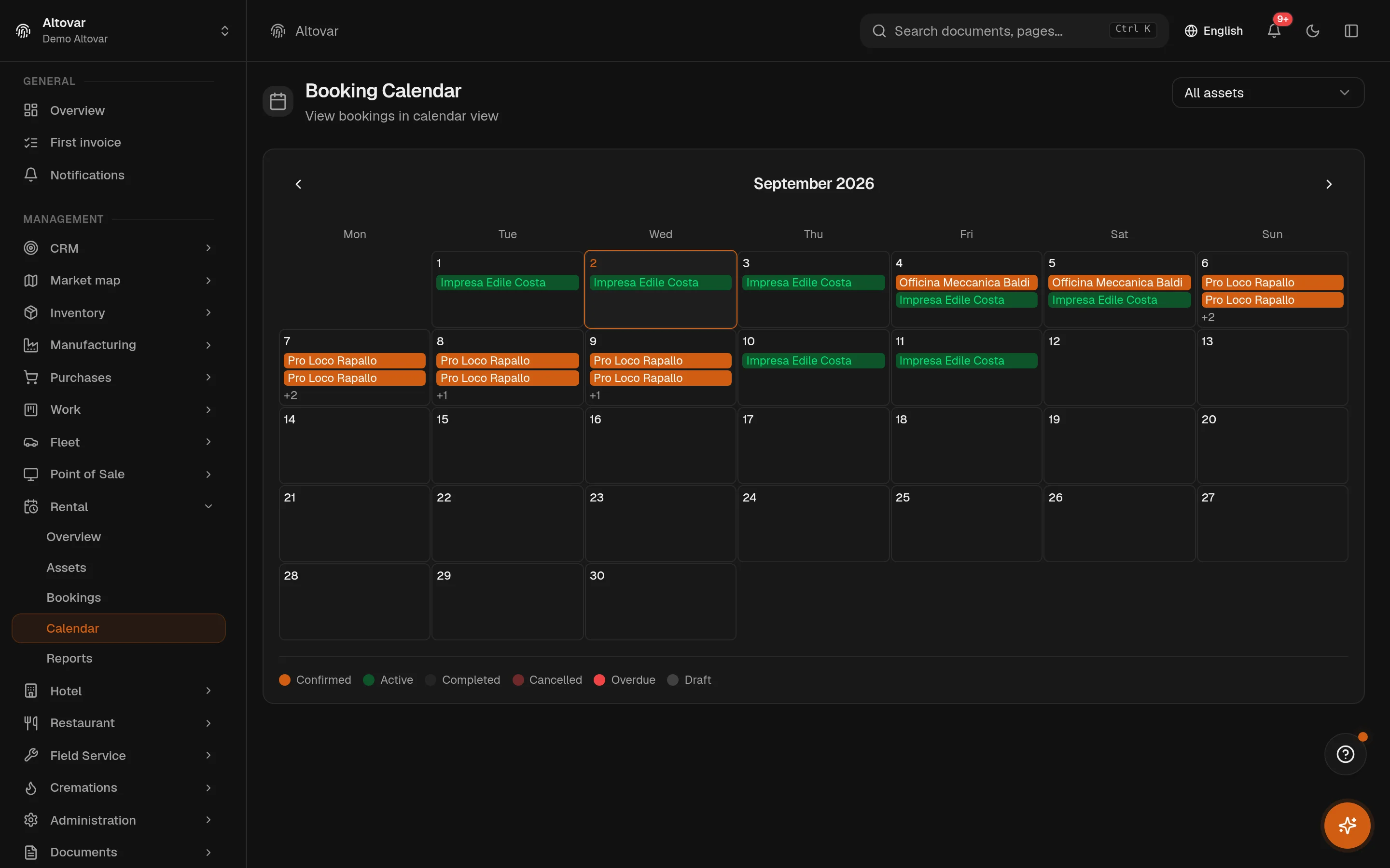 The Equinox rental calendar: a month grid with the bookings of a demo company drawn on their days by state.