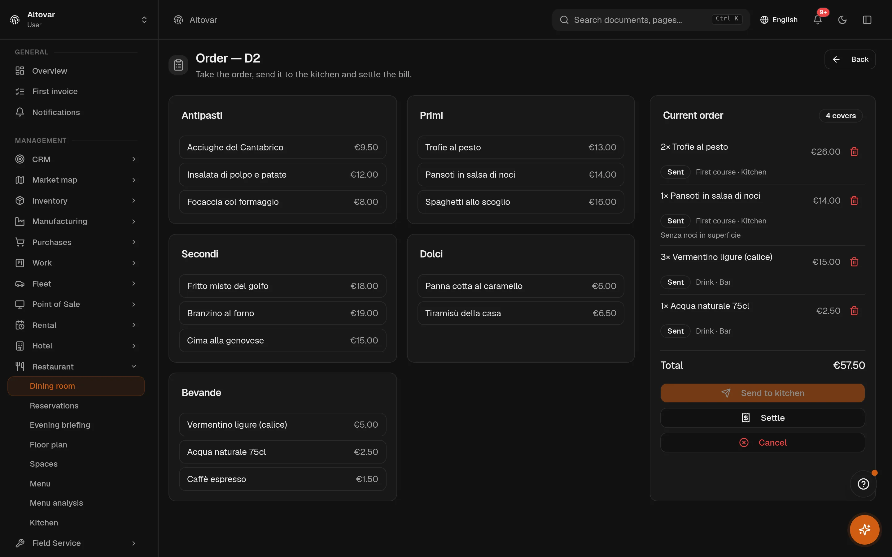The Equinox table order screen: the menu of a demo trattoria by category on one side, the open order for the table with quantities, notes and running total on the other.