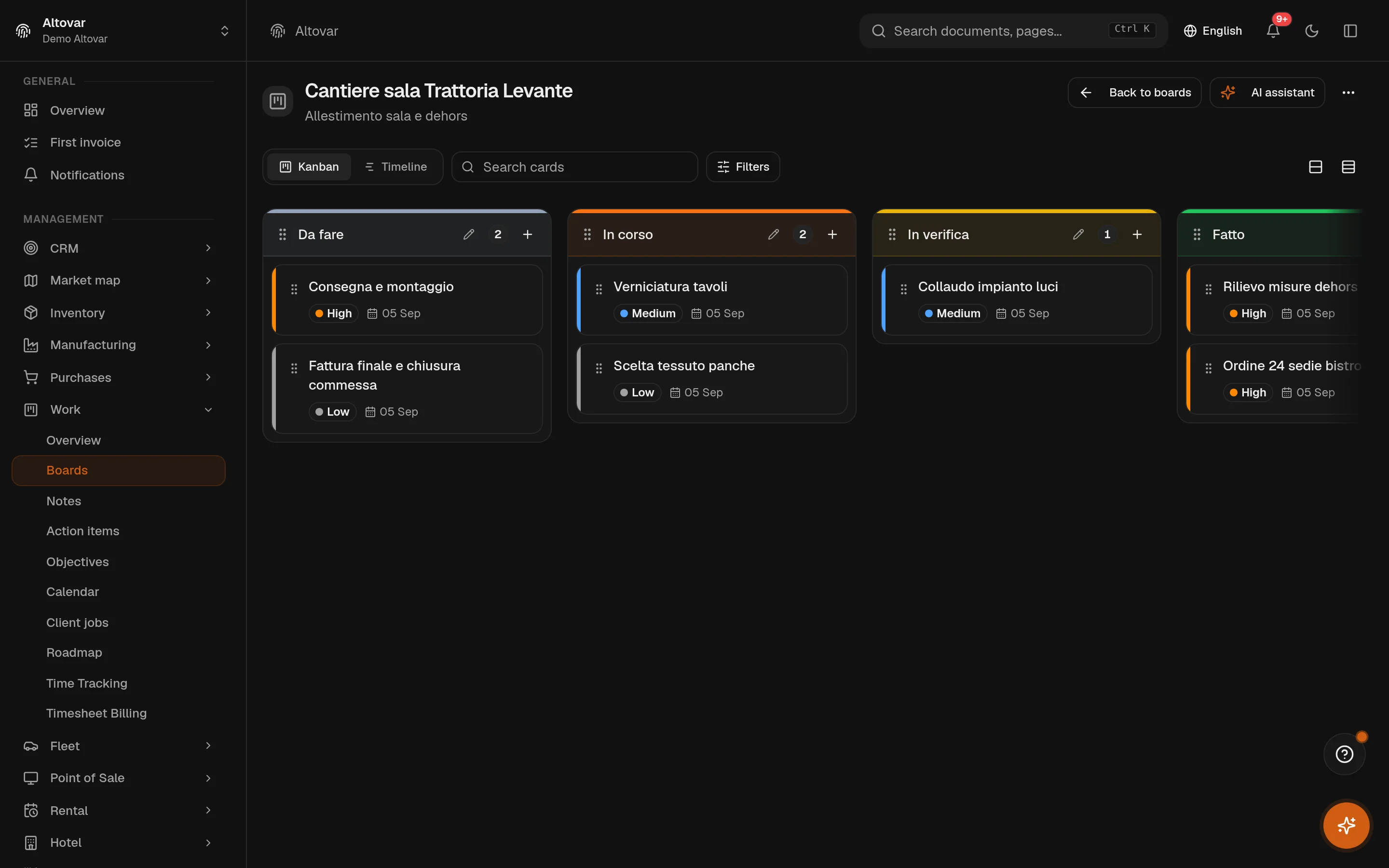 A work board in Equinox: columns to do, in progress, in review and done with the cards of a demo site project.