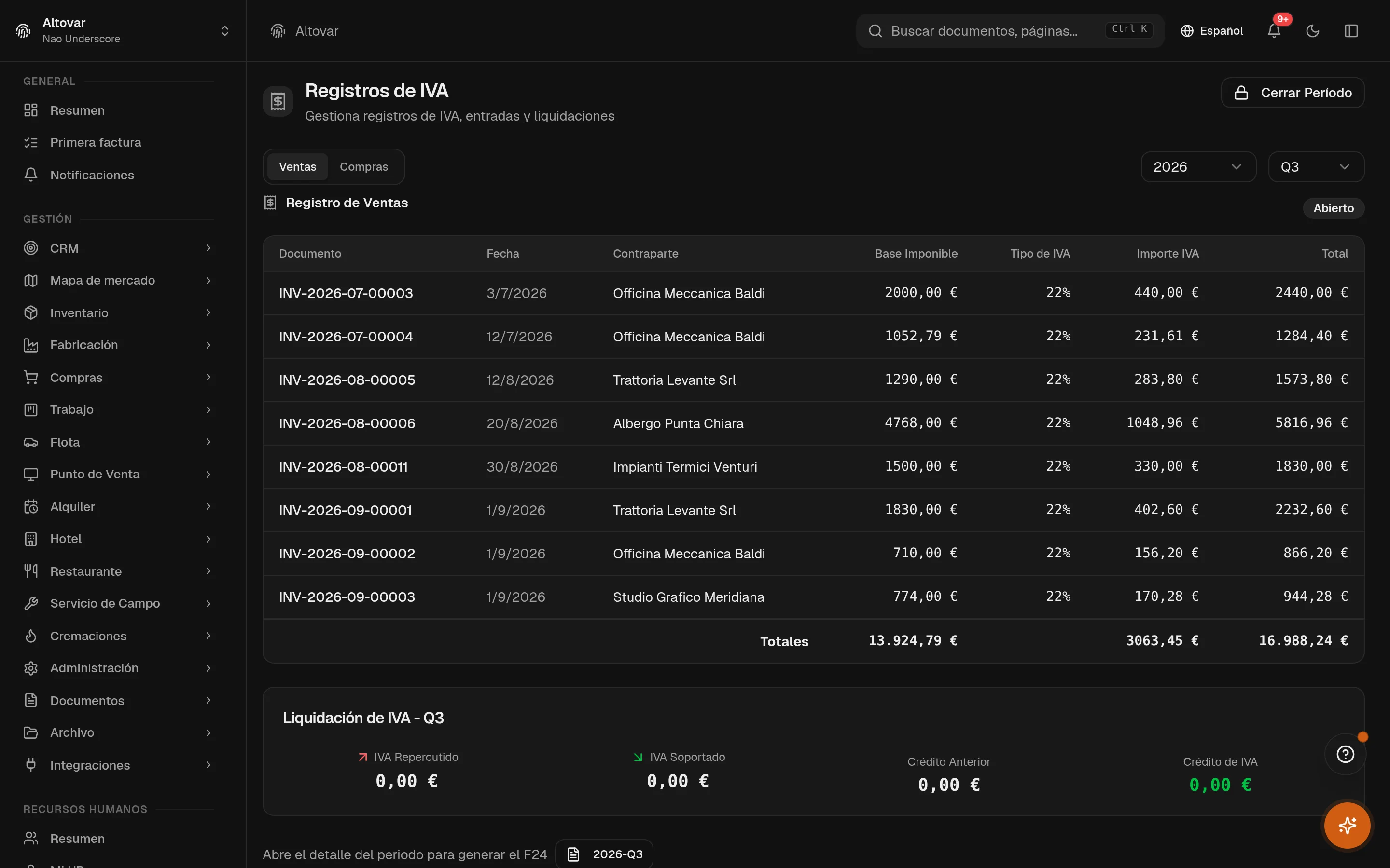 El área de IVA de Equinox: registros periódicos de IVA de una empresa demo con bases imponibles, tipos y totales de IVA por periodo.
