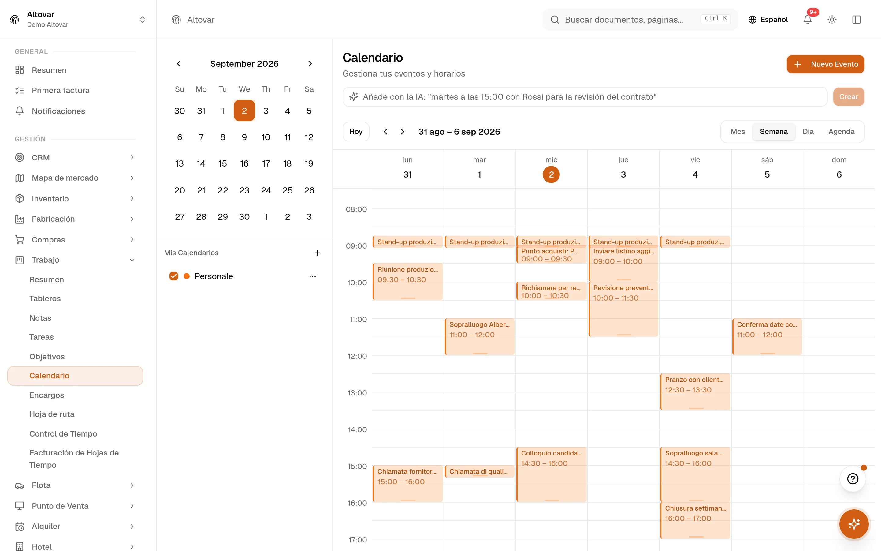 El calendario de Equinox en vista semanal: los eventos de una empresa demo repartidos en la semana laboral.