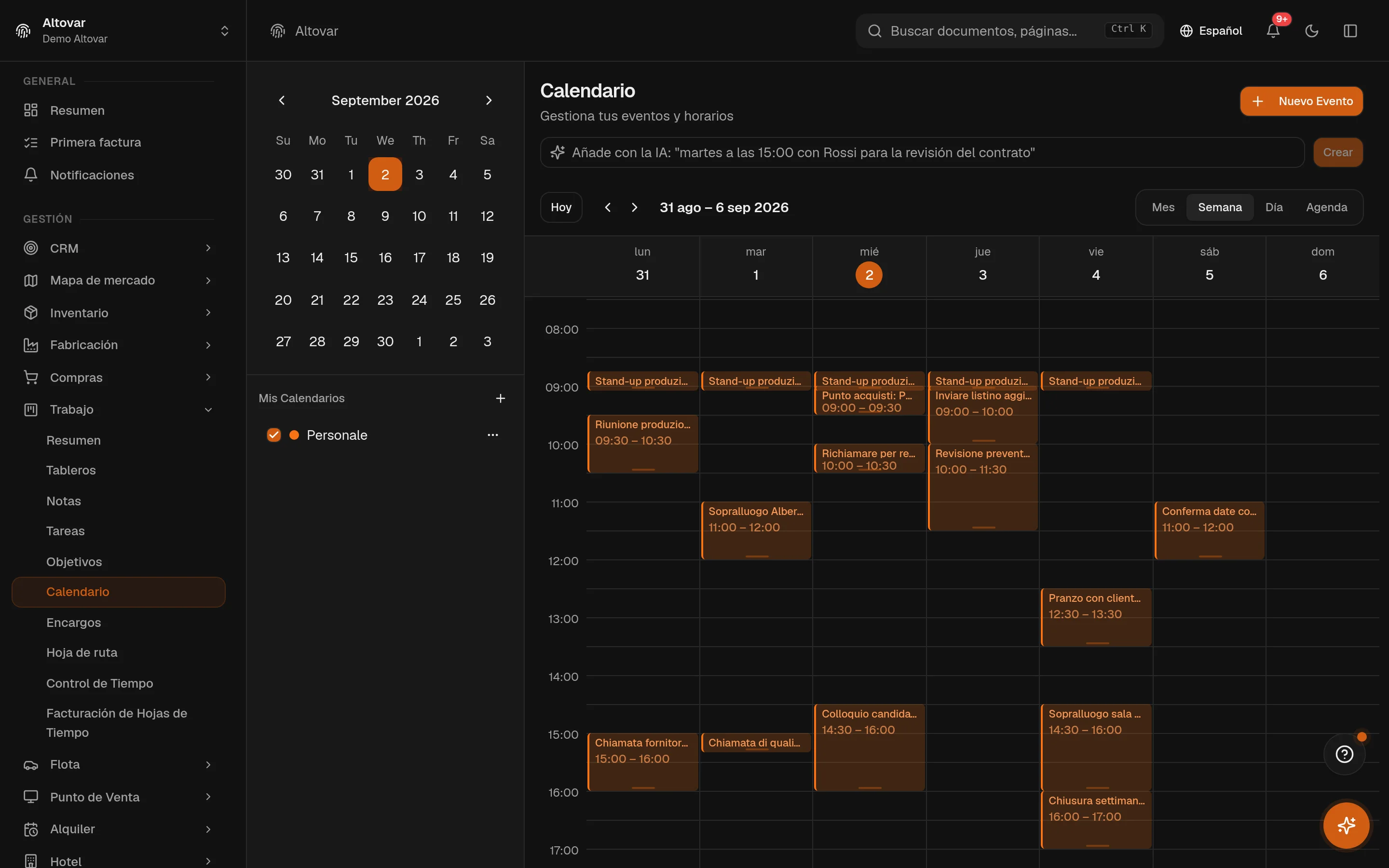 El calendario de Equinox en vista semanal: los eventos de una empresa demo repartidos en la semana laboral.