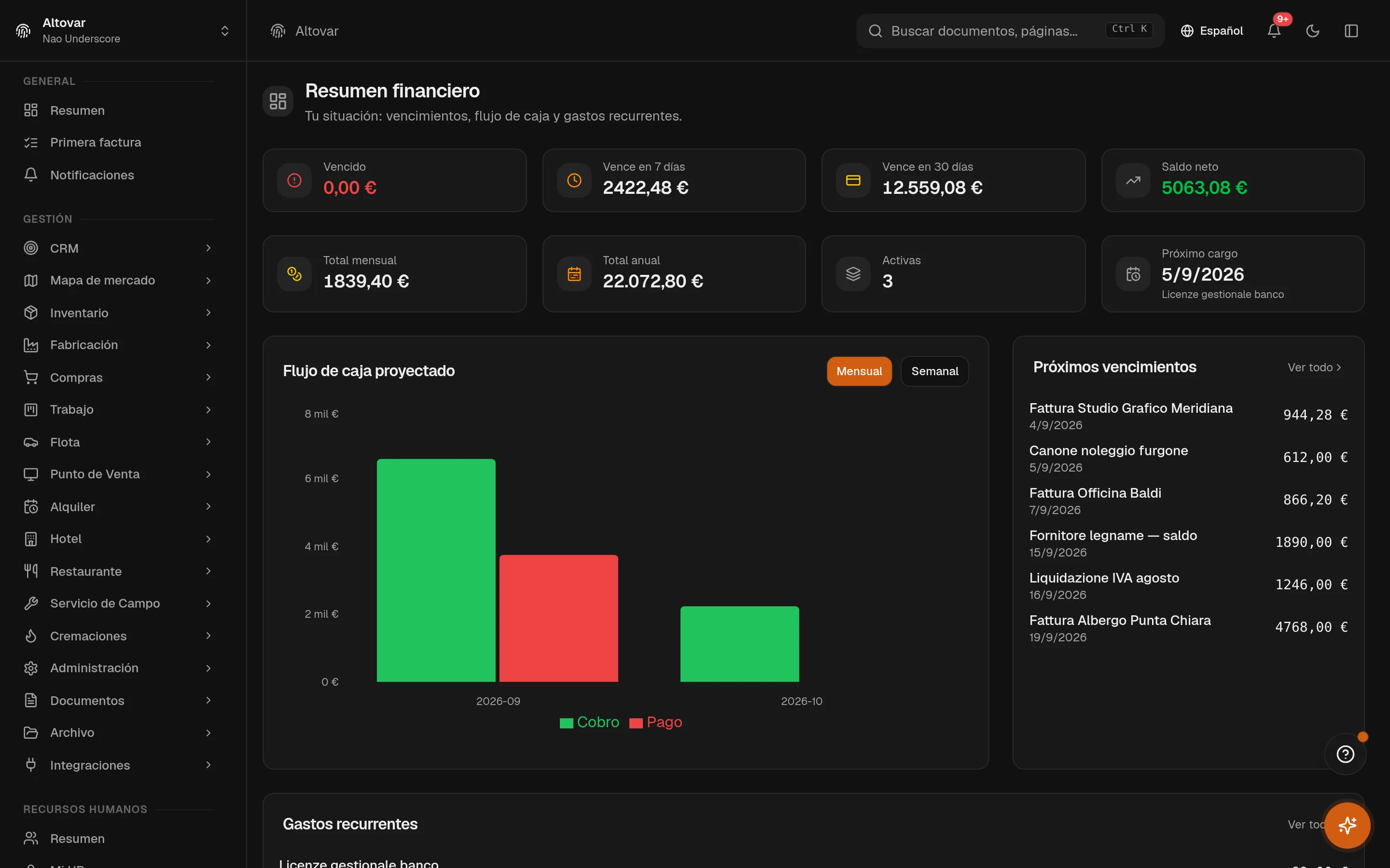 La panorámica de finanzas de Equinox: indicadores de vencido, de 7 y de 30 días, el gráfico de barras de caja y los próximos vencimientos de una empresa demo.