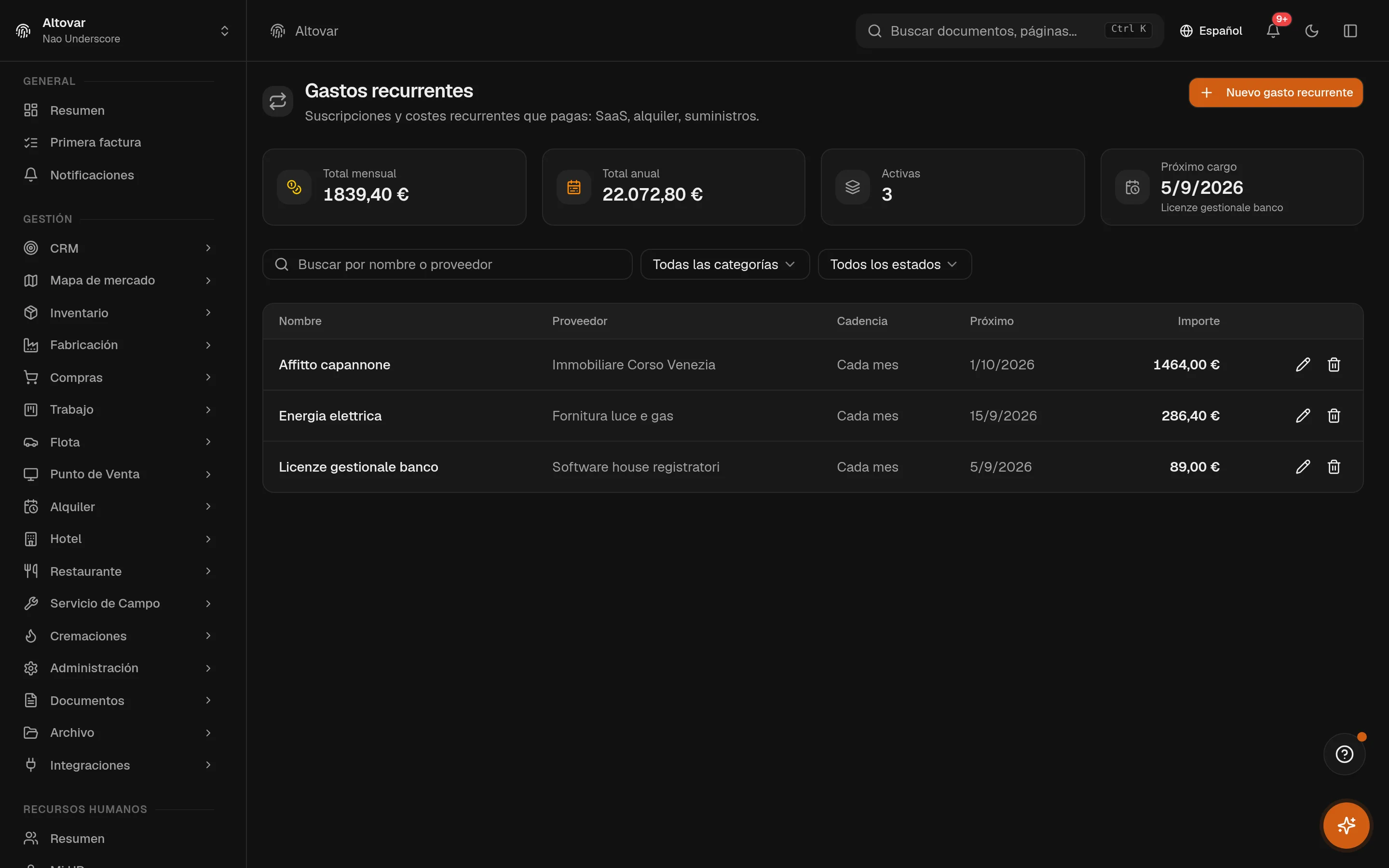 La vista de gastos recurrentes de Equinox: plantillas de gasto de una empresa demo con frecuencia, importe y próxima ocurrencia.