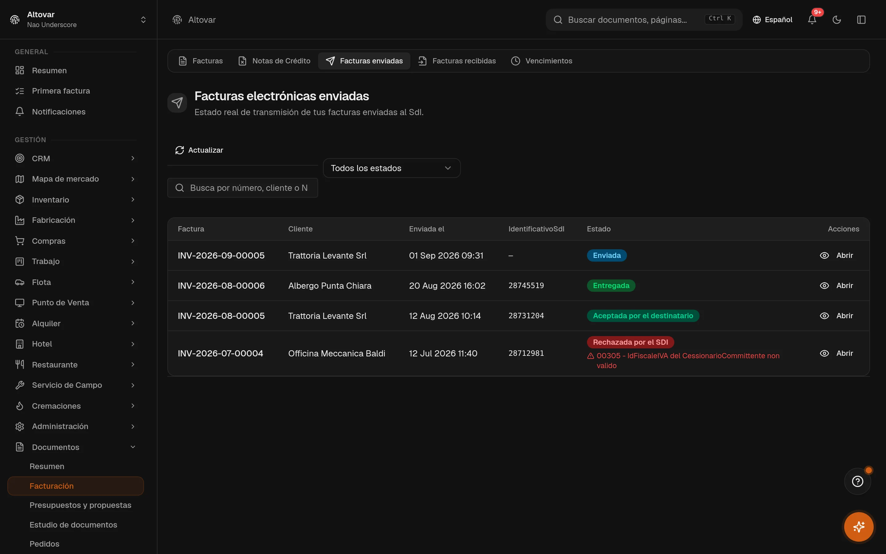 La vista de factura electrónica de Equinox: transmisiones al sistema de intercambio con su estado actual para una empresa demo.