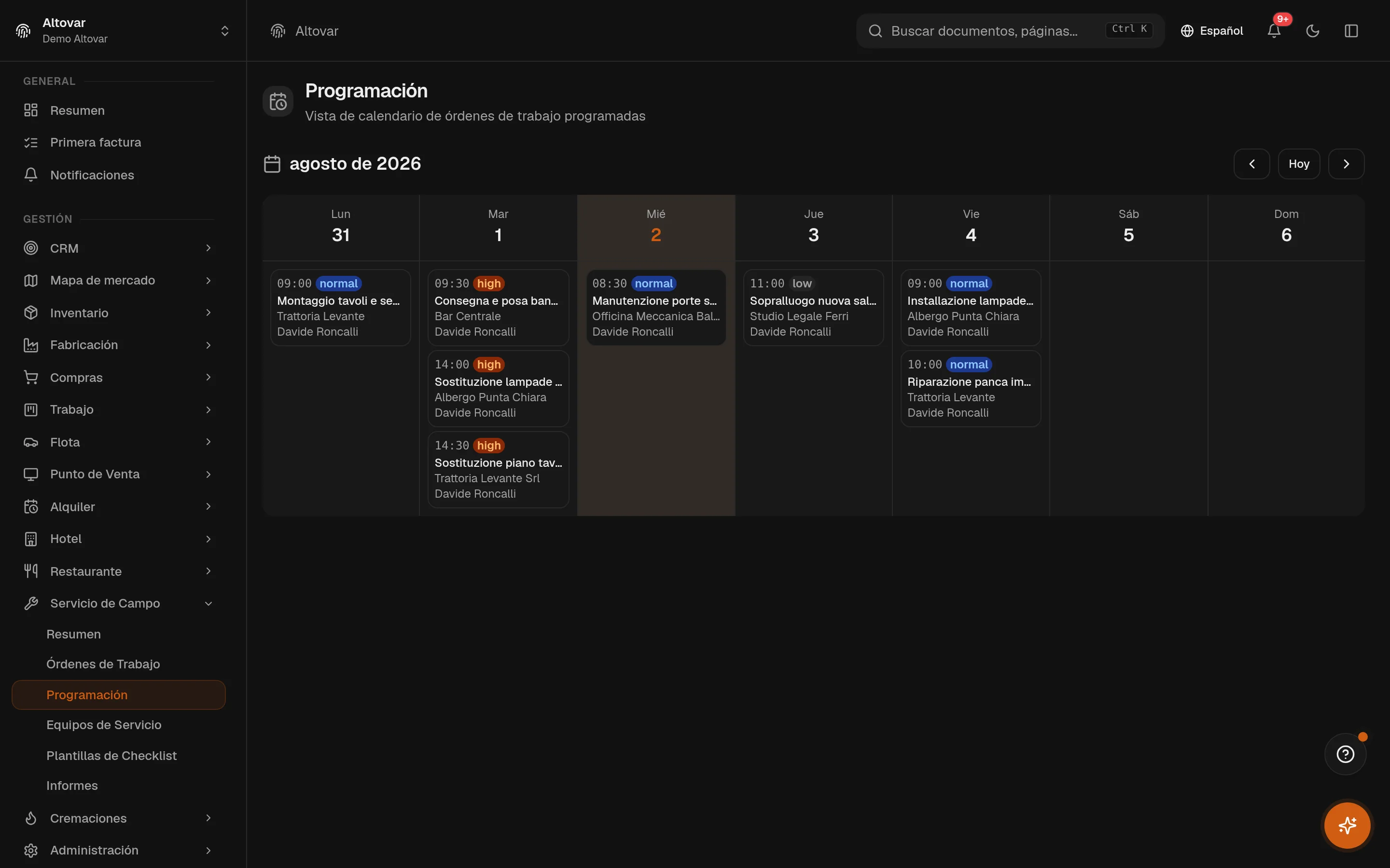 La programación de servicio técnico de Equinox: una semana en siete columnas con las órdenes de trabajo programadas de una empresa demo, cada una con hora, prioridad, cliente y técnico.