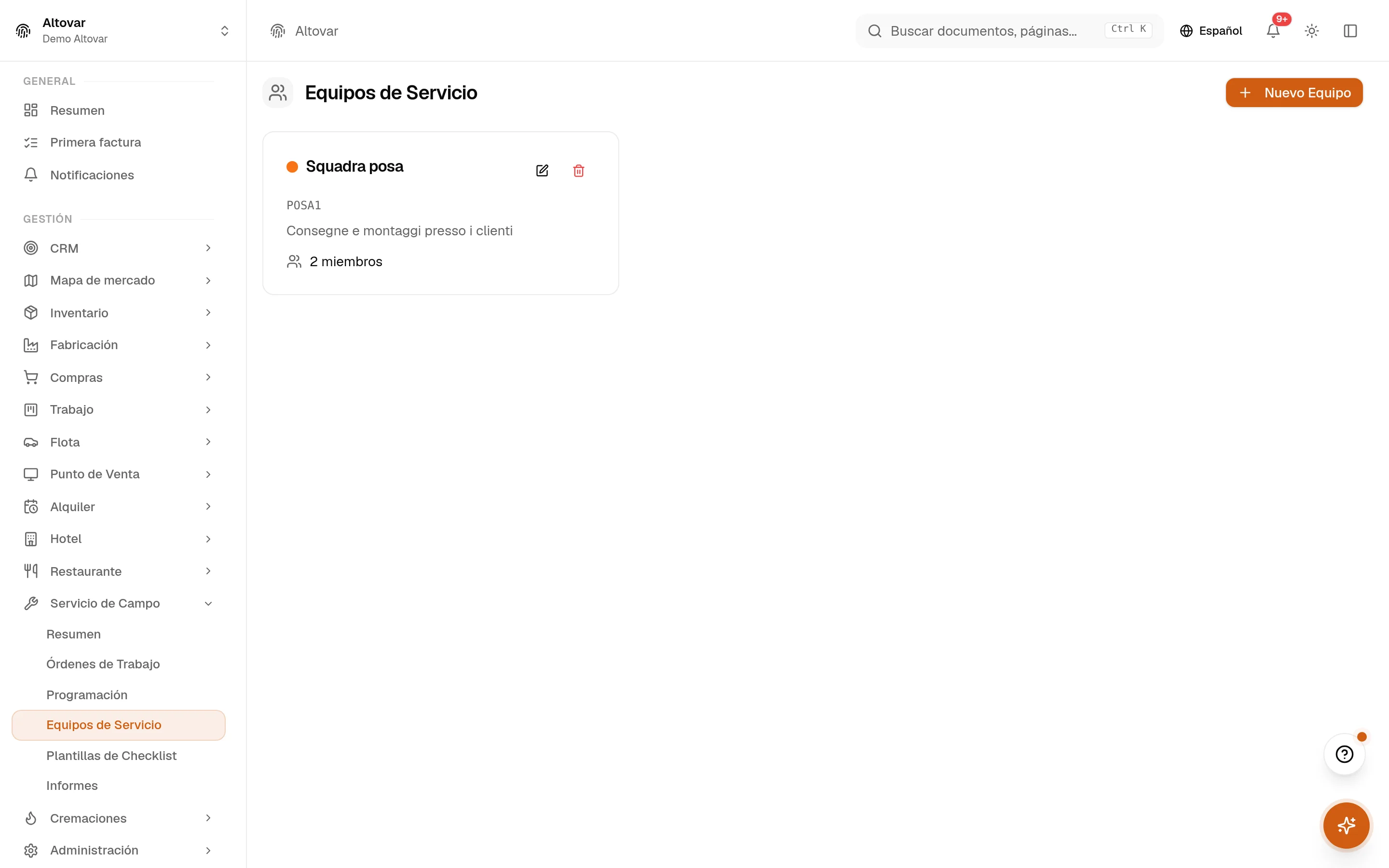 La vista de equipos de servicio de Equinox: un equipo demo con su código, descripción, responsable y miembros.