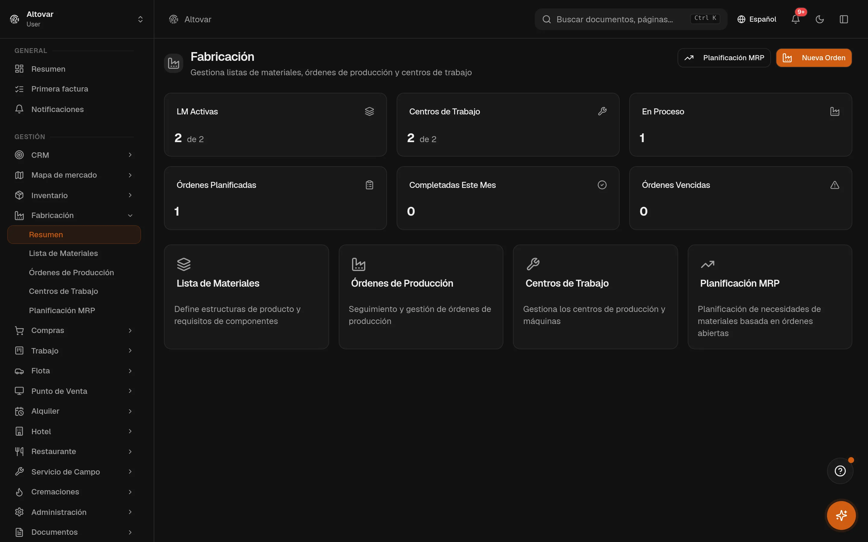 La panorámica de producción de Equinox: contadores de listas de materiales activas, centros de trabajo y órdenes de producción en curso, planificadas y atrasadas, de un taller de muebles demo.