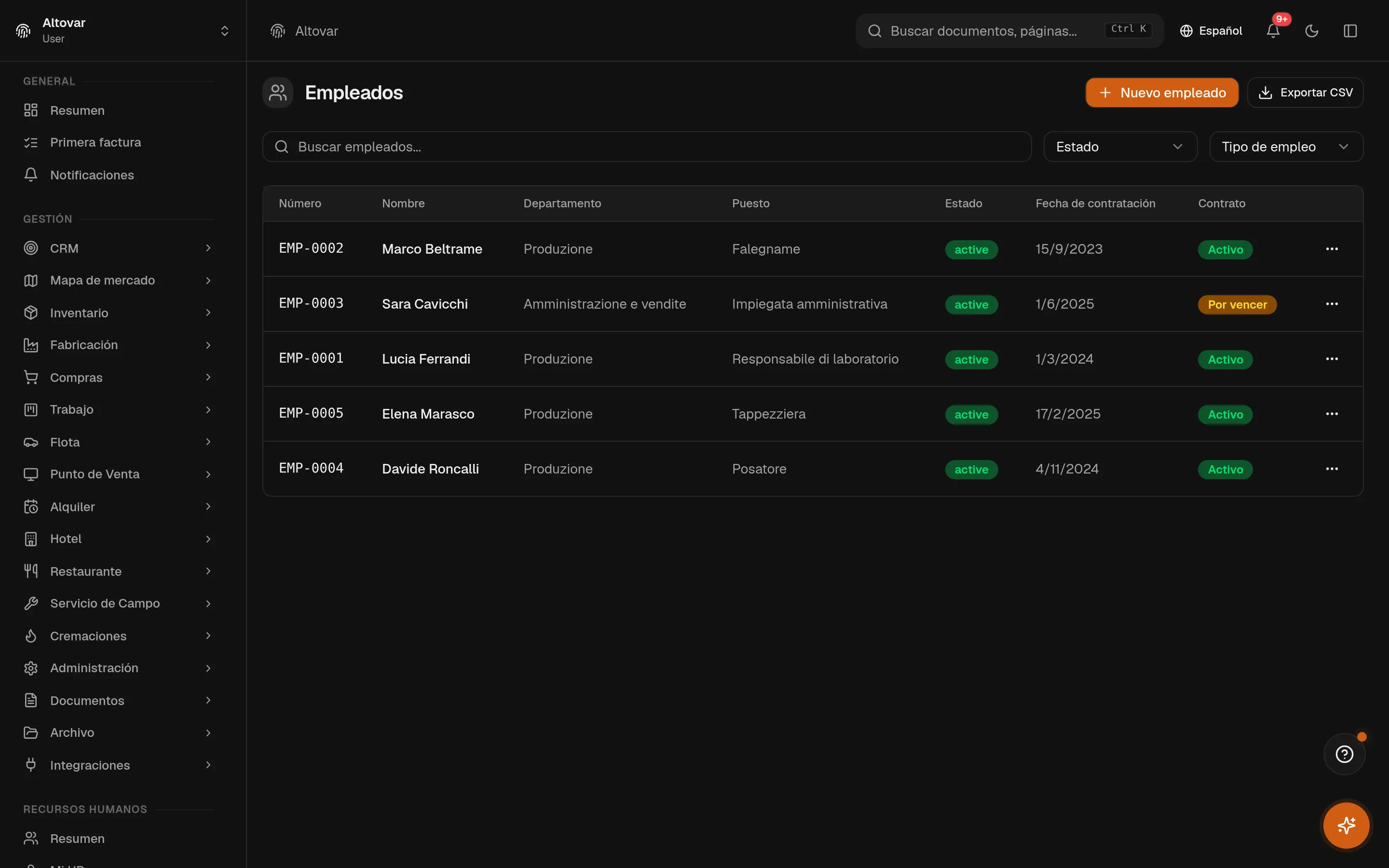 El listado de empleados de Equinox: cinco empleados con número de empleado, departamento, puesto, estado e insignia de contrato.