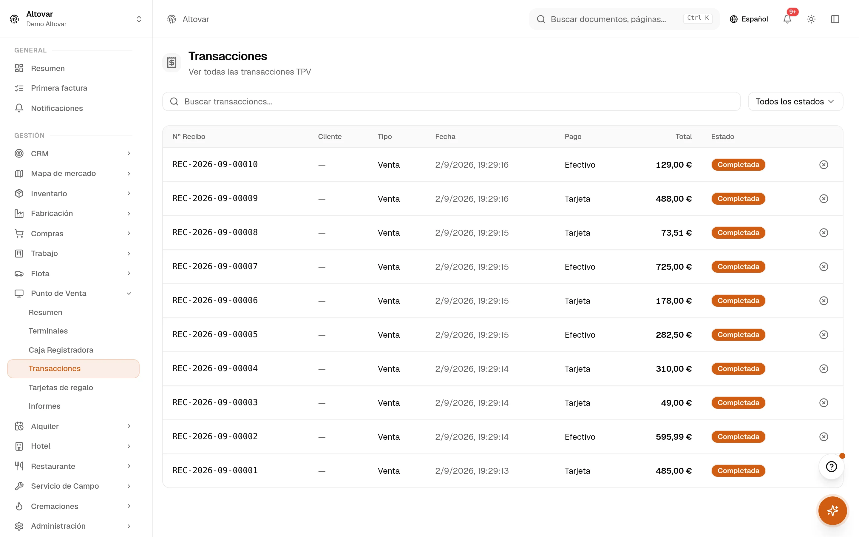 La lista de transacciones de caja de Equinox: ventas de una tienda demo con número de ticket, tipo, fecha, método de pago, total y estado.