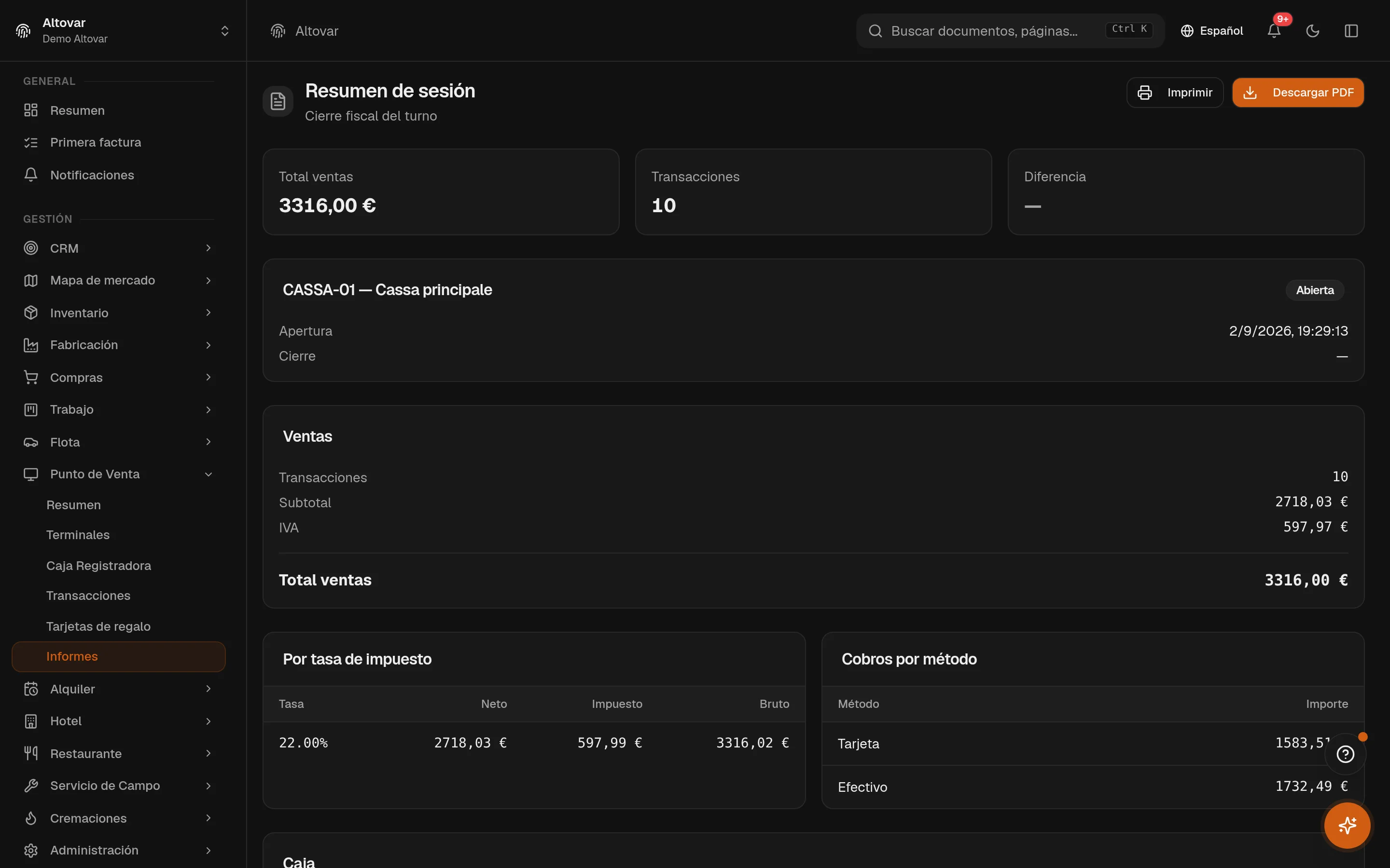 El resumen de sesión de caja de Equinox: ventas totales, transacciones, desglose por tipo de IVA y por método de pago de la sesión abierta de una caja demo.
