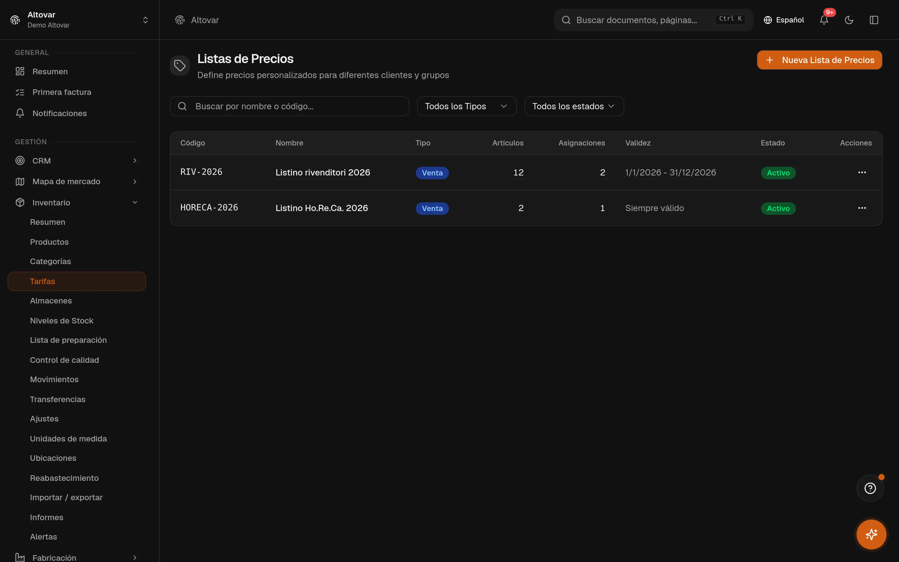 Las tarifas de Equinox: tarifas de una empresa demo con código, nombre, tipo, número de artículos, asignaciones, validez y estado.