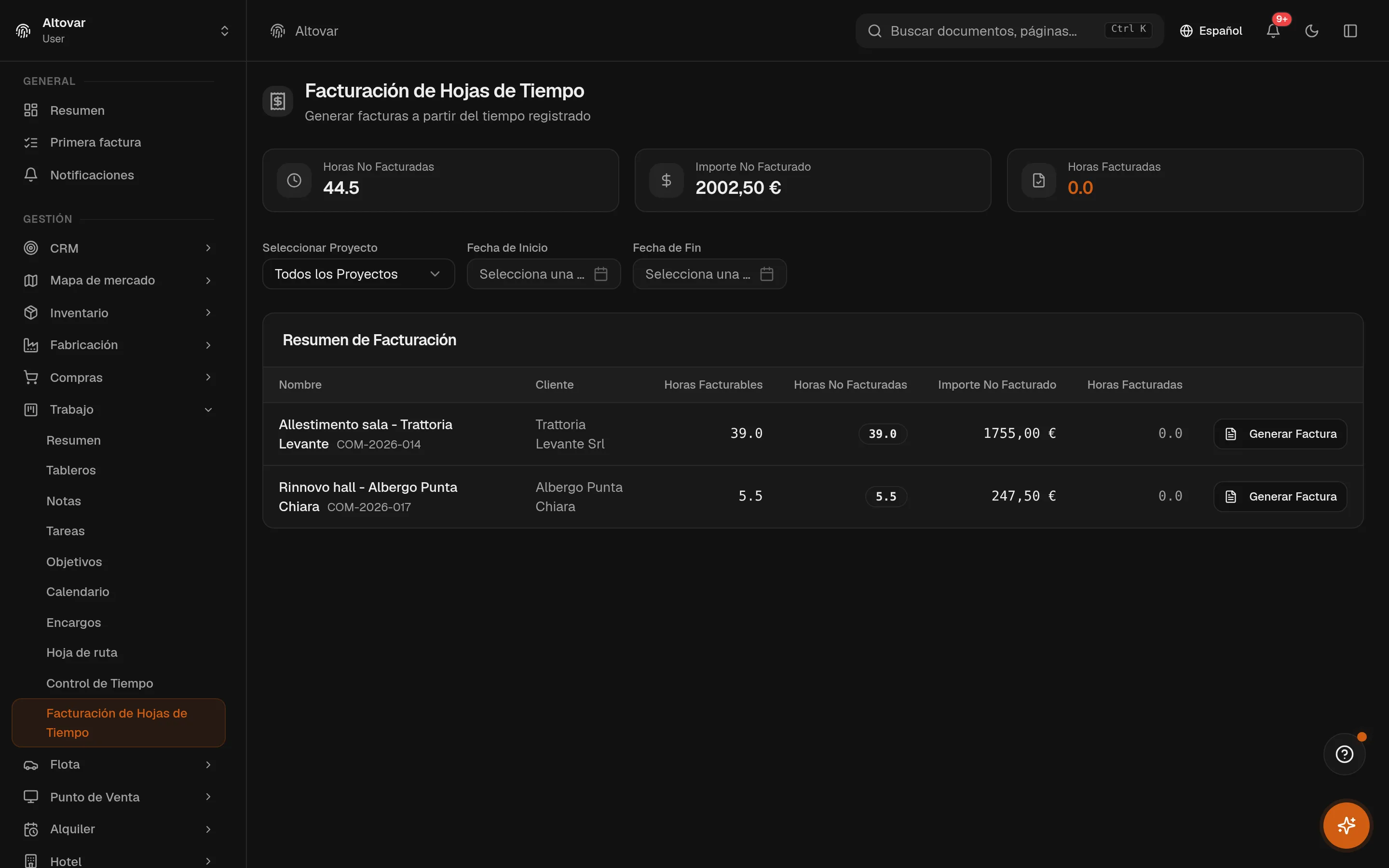 La página de facturación del timesheet de Equinox: horas no facturadas e importes agrupados por proyecto y cliente — 1.755,00 € y 247,50 € — cada uno con su botón de generar factura.