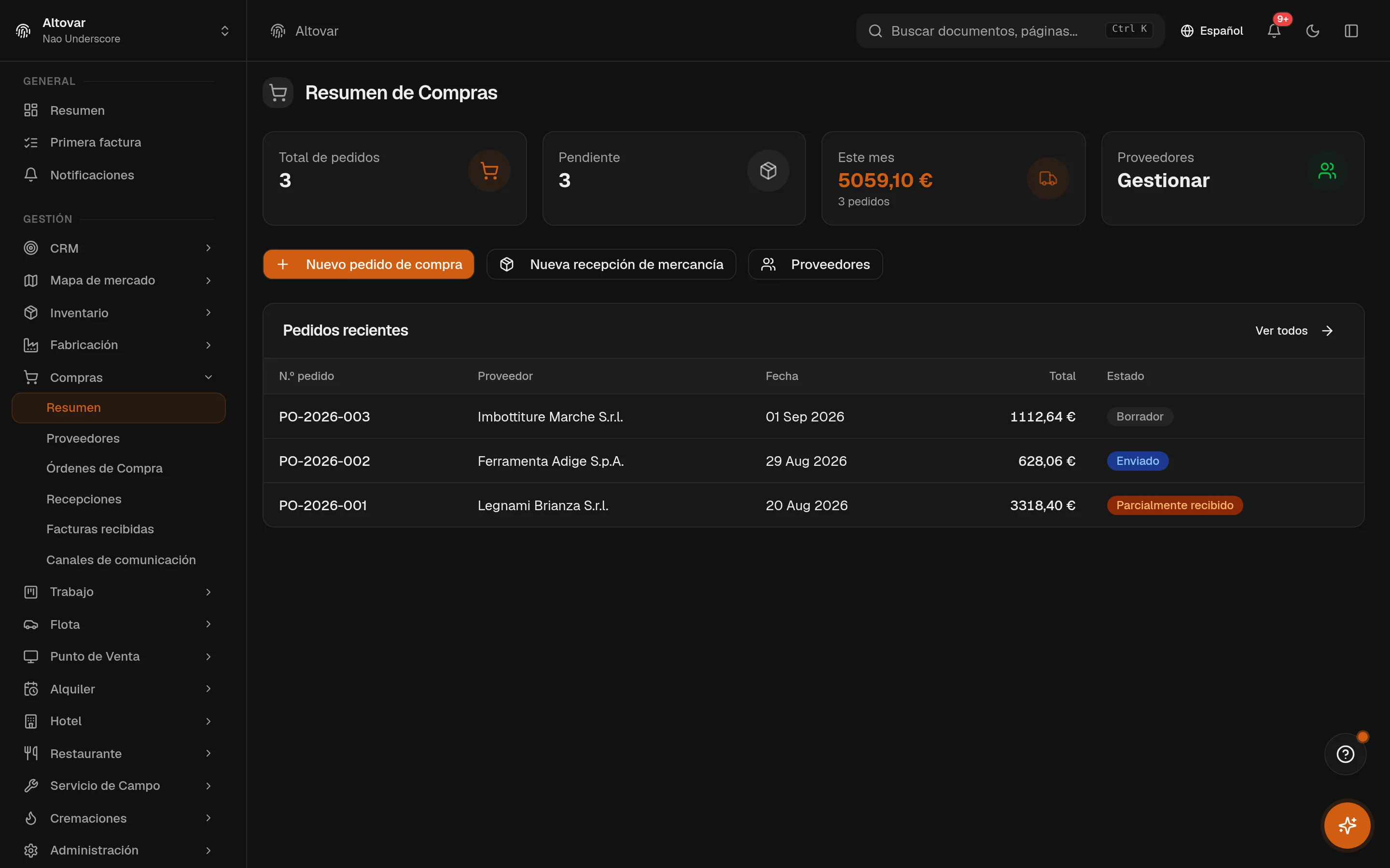 La panorámica de compras de Equinox: estadísticas de pedidos, valor del mes y los últimos pedidos a proveedor de una empresa demo.