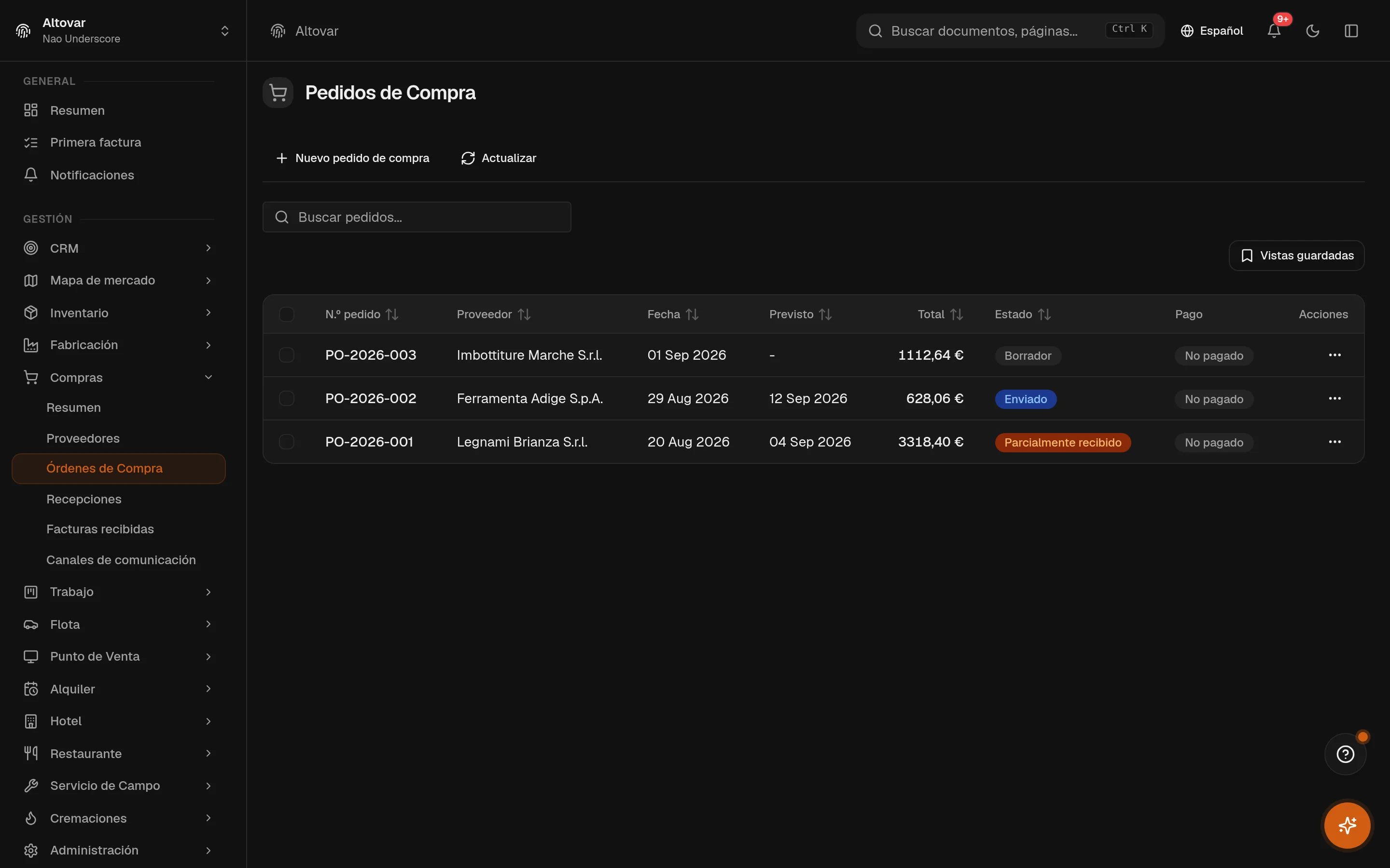El listado de pedidos de compra de Equinox: pedidos numerados con proveedor, fechas, totales y su estado actual.