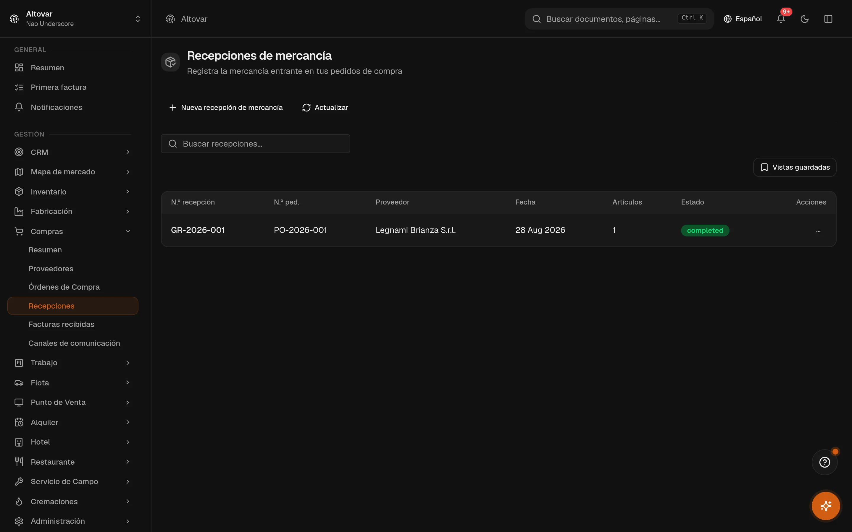 El listado de recepciones de mercancía de Equinox: recepciones numeradas con su pedido de compra, proveedor, fecha y estado.