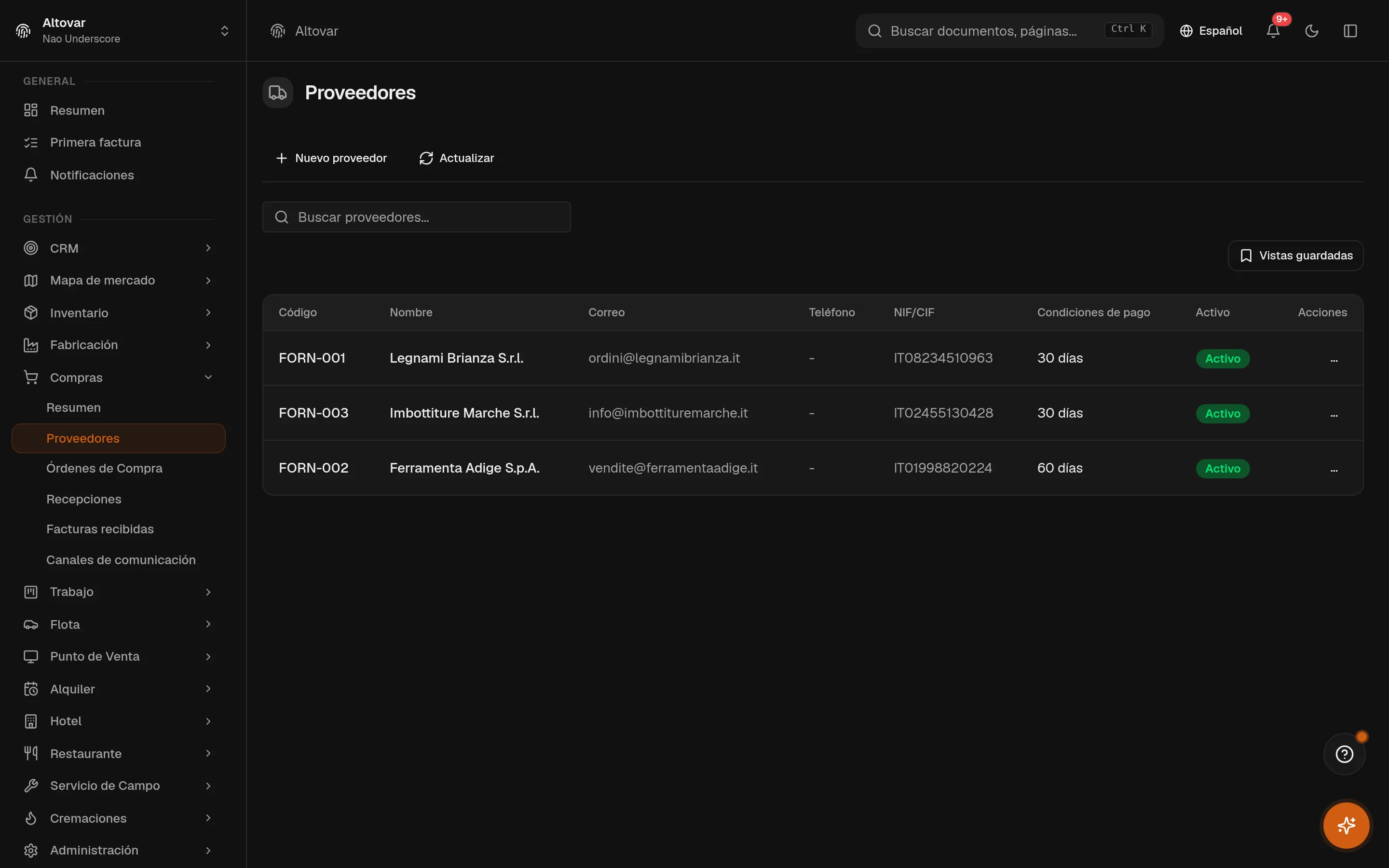 El listado de proveedores de Equinox: códigos, nombres, datos de contacto, partitas IVA y condiciones de pago.