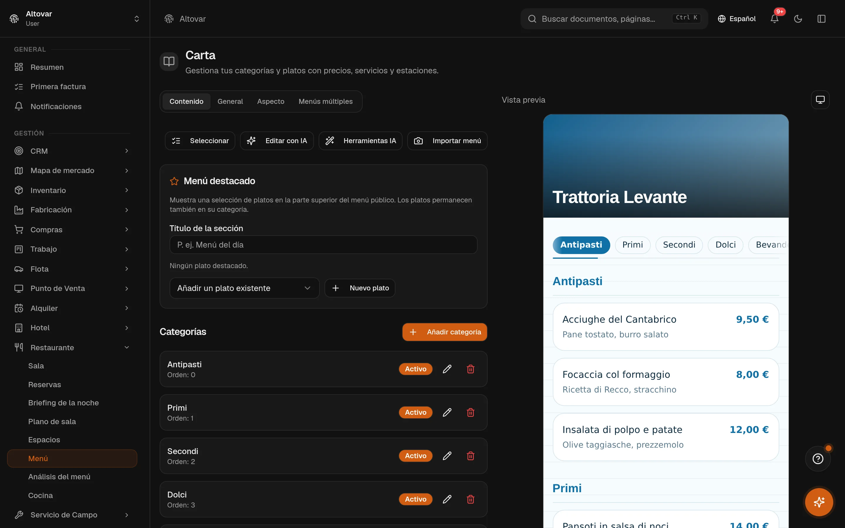 El editor de carta de Equinox: las categorías de una trattoria demo con su estado a la izquierda, la vista previa en directo de la carta pública con platos y precios a la derecha.