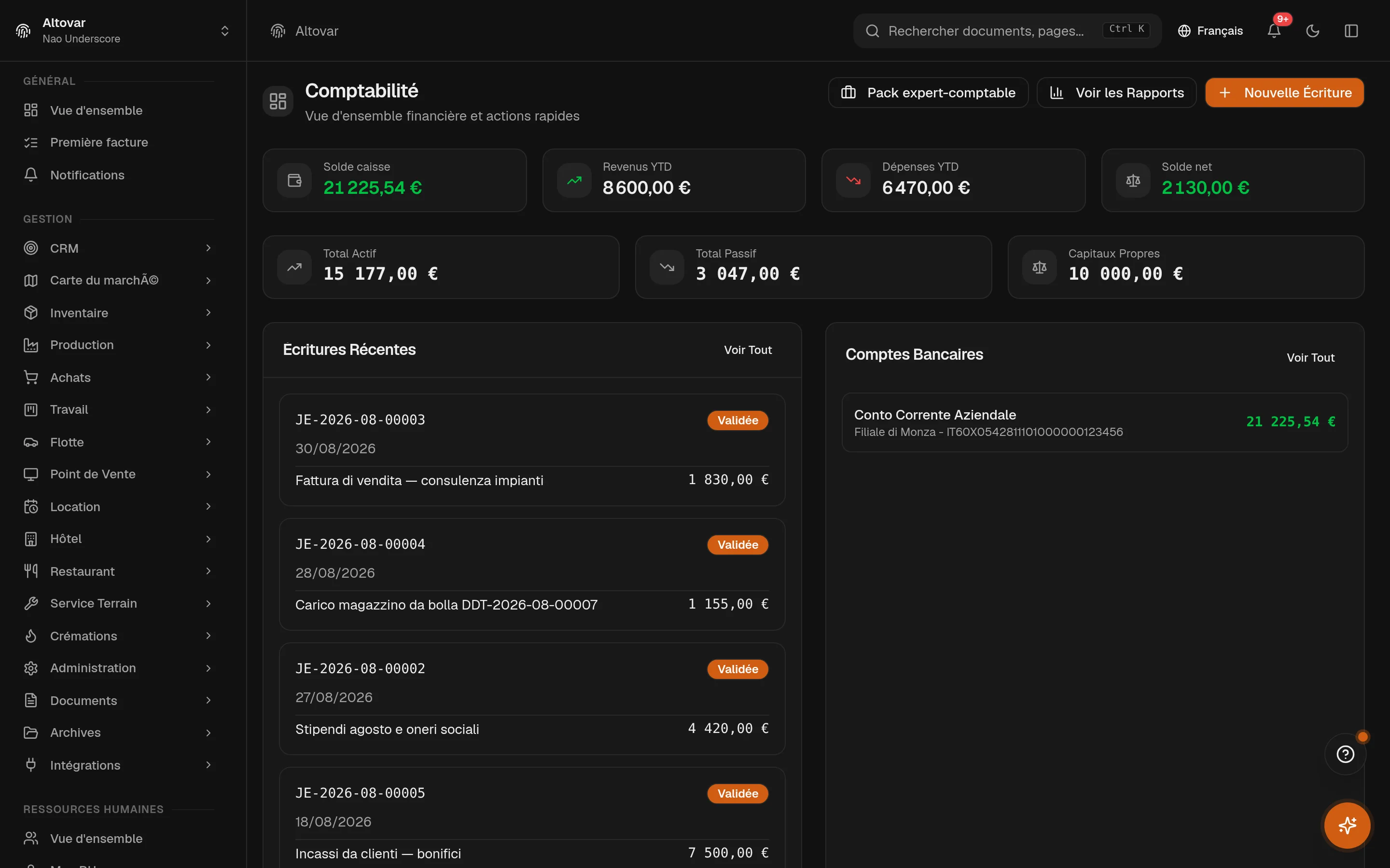 La vue d’ensemble comptabilité d’Equinox : un bilan résumé, les dernières écritures du journal et le compte de résultat de l’exercice en cours d’une entreprise de démonstration.