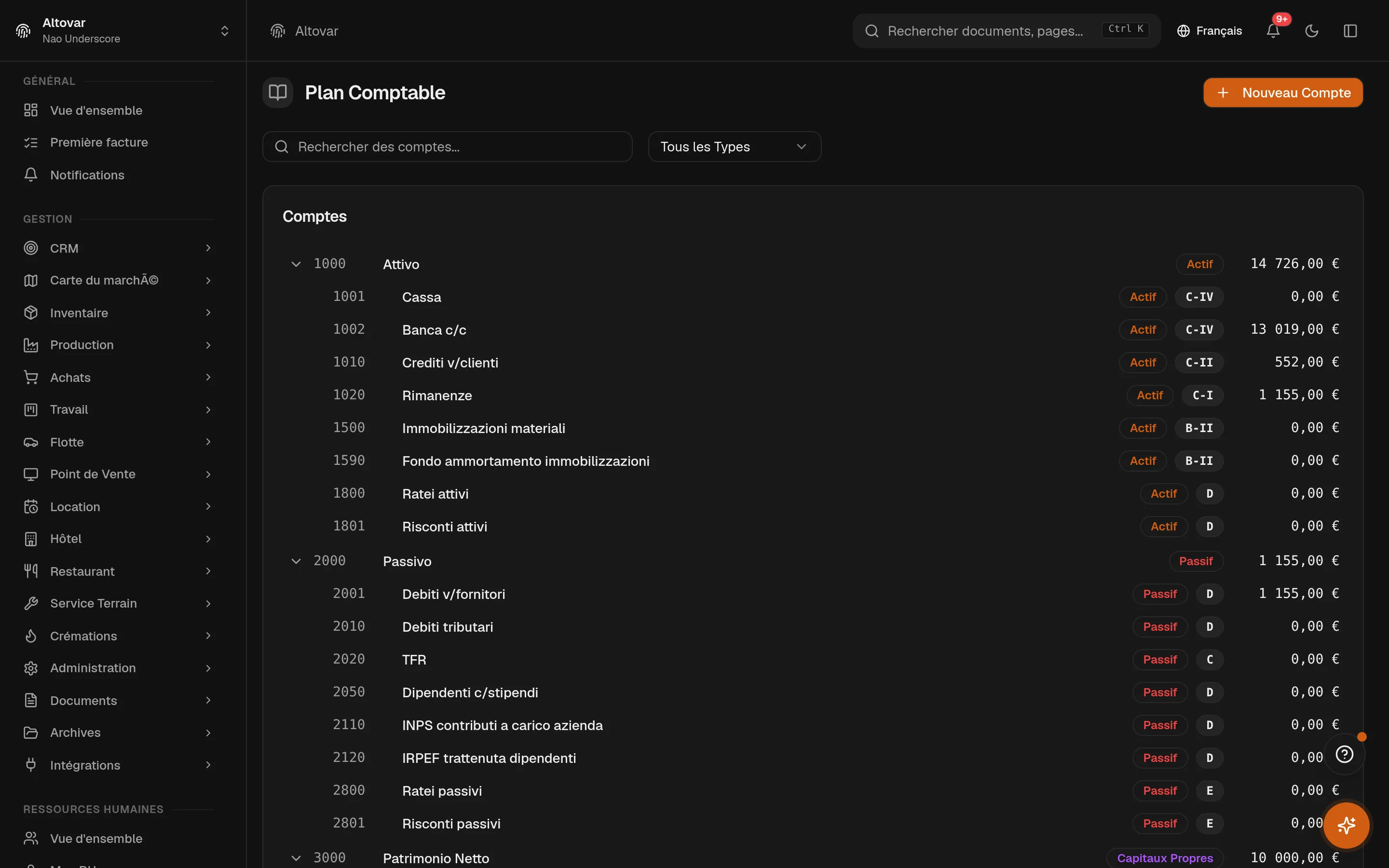 Le plan comptable d’Equinox : arbre hiérarchique des comptes d’une entreprise de démonstration avec codes, classes et types de comptes.