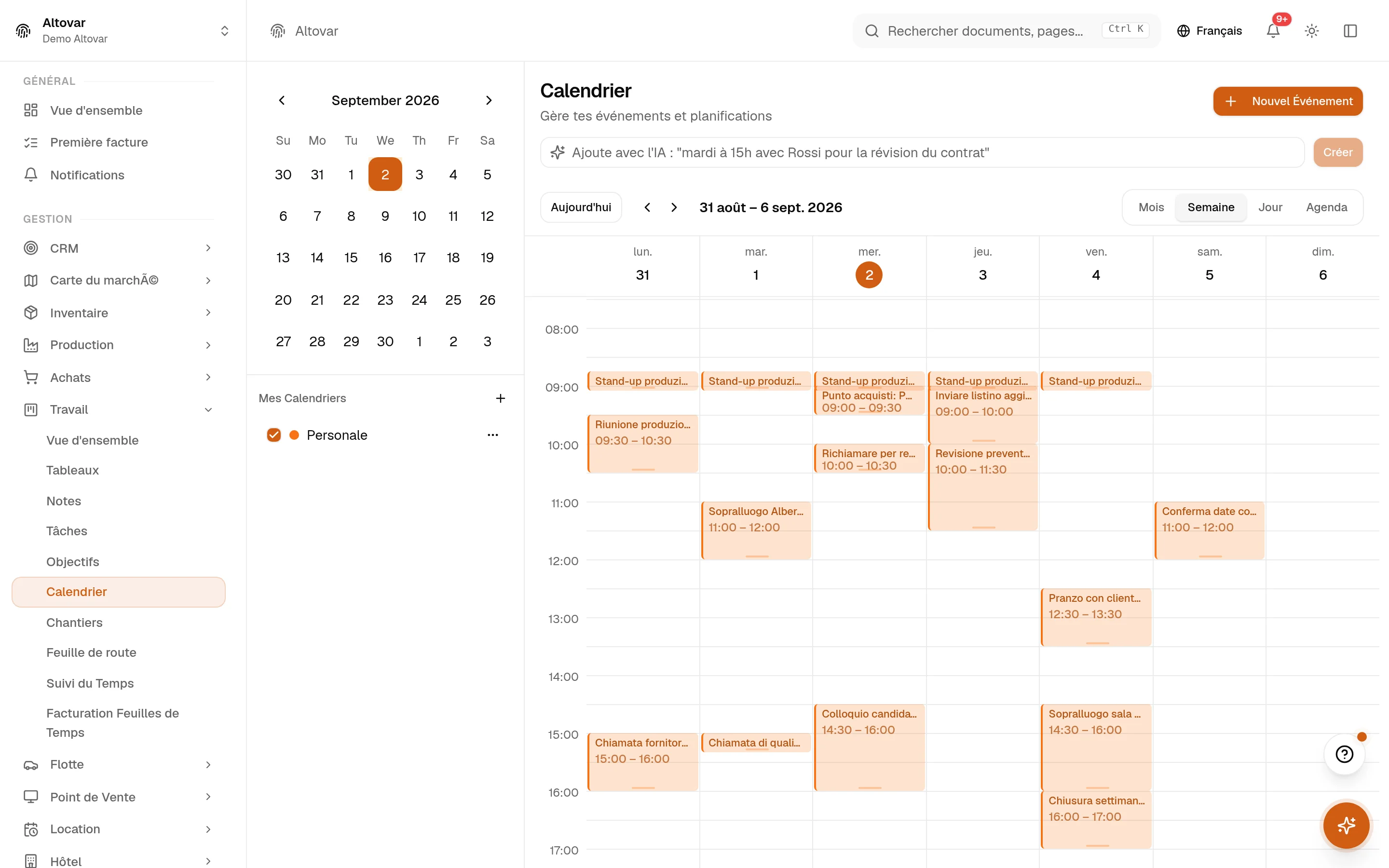 Le calendrier d'Equinox en vue semaine : les événements d'une entreprise démo répartis sur la semaine de travail.