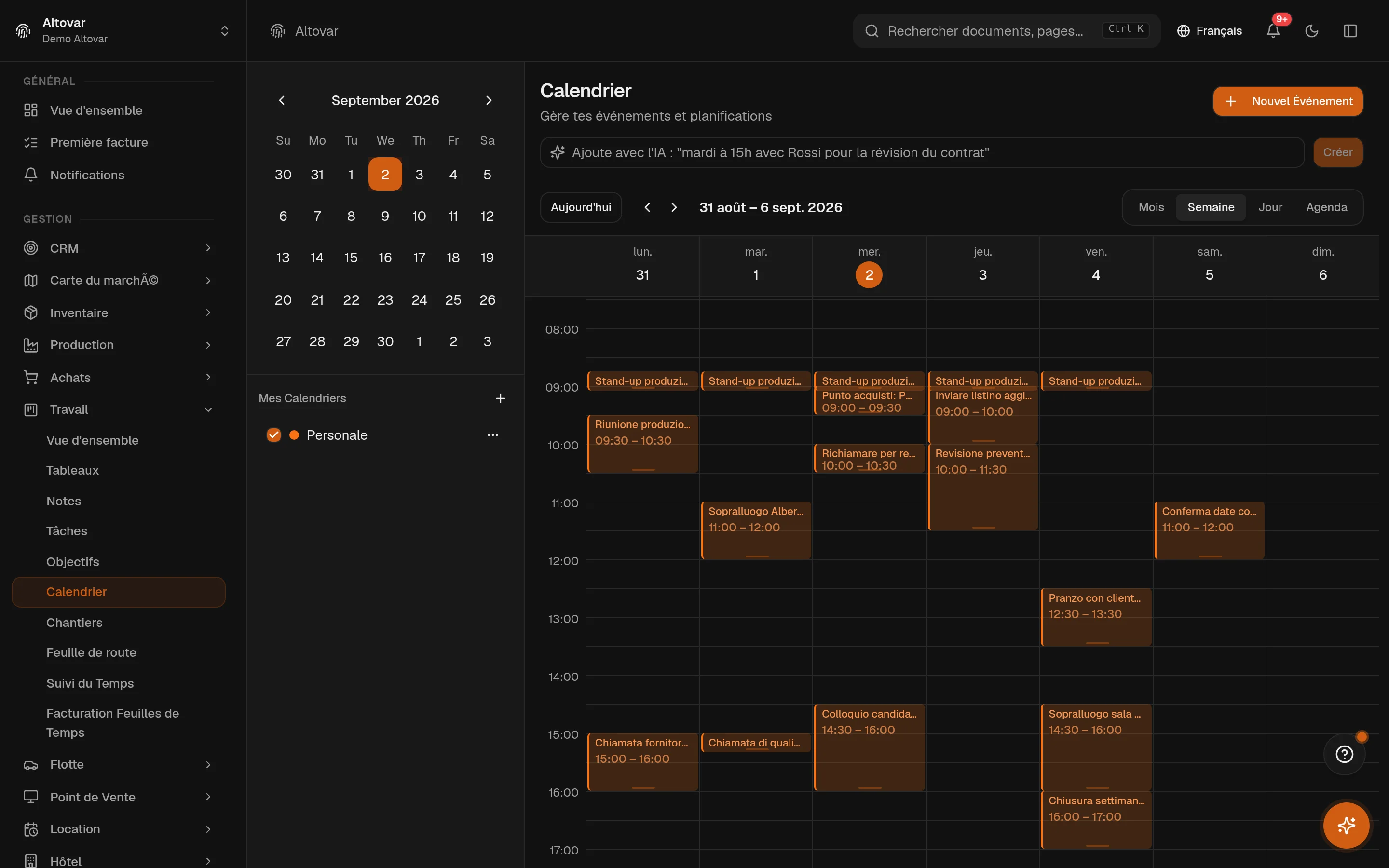 Le calendrier d'Equinox en vue semaine : les événements d'une entreprise démo répartis sur la semaine de travail.