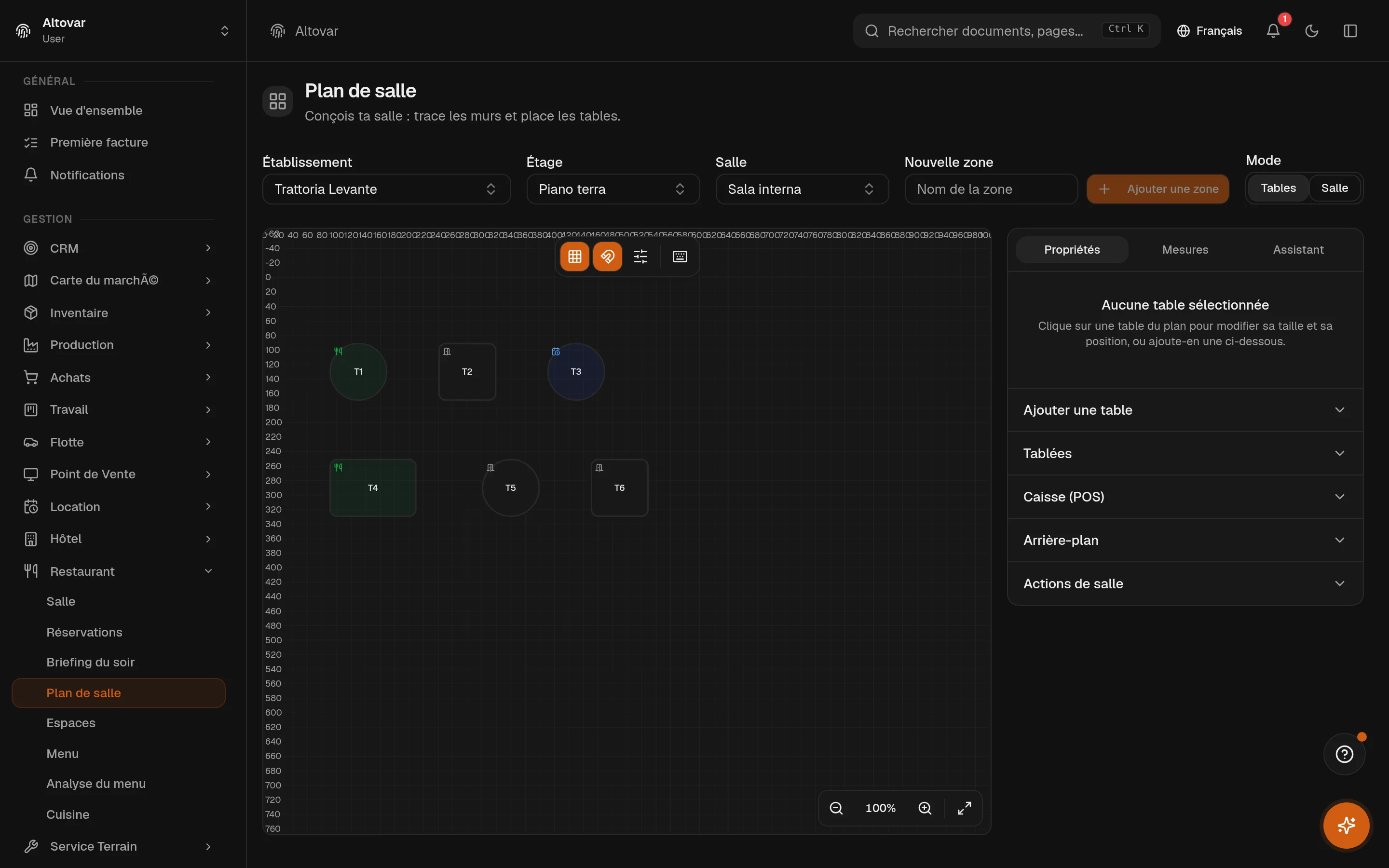 Le module restauration d’Equinox : le plan de salle d’un établissement de démonstration avec les tables et leur état, tel qu’on l’utilise pour prendre les commandes pendant le service.