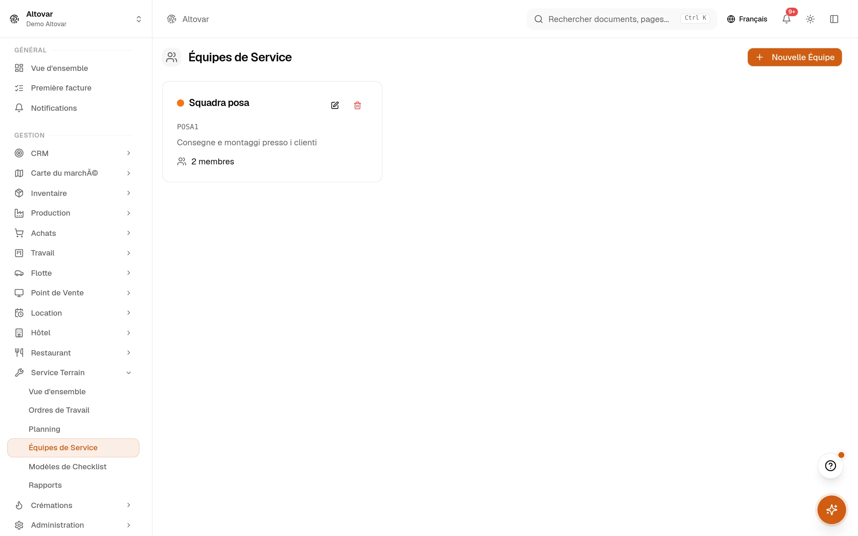 La vue des équipes de service d’Equinox : une équipe démo avec son code, sa description, son responsable et ses membres.