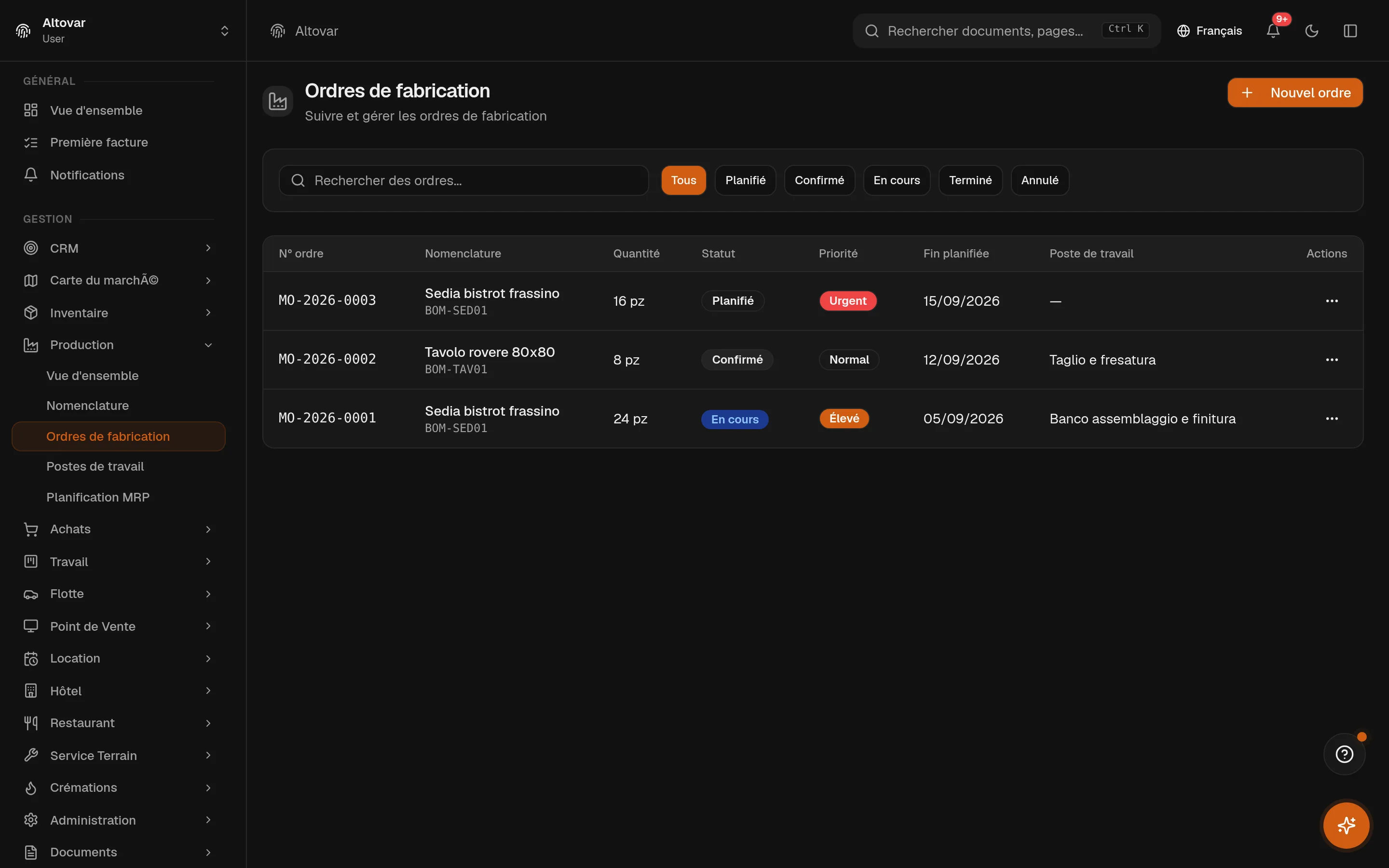La liste des ordres de fabrication d'Equinox : ordres de démonstration avec numéro, produit, quantité, état, priorité et dates.