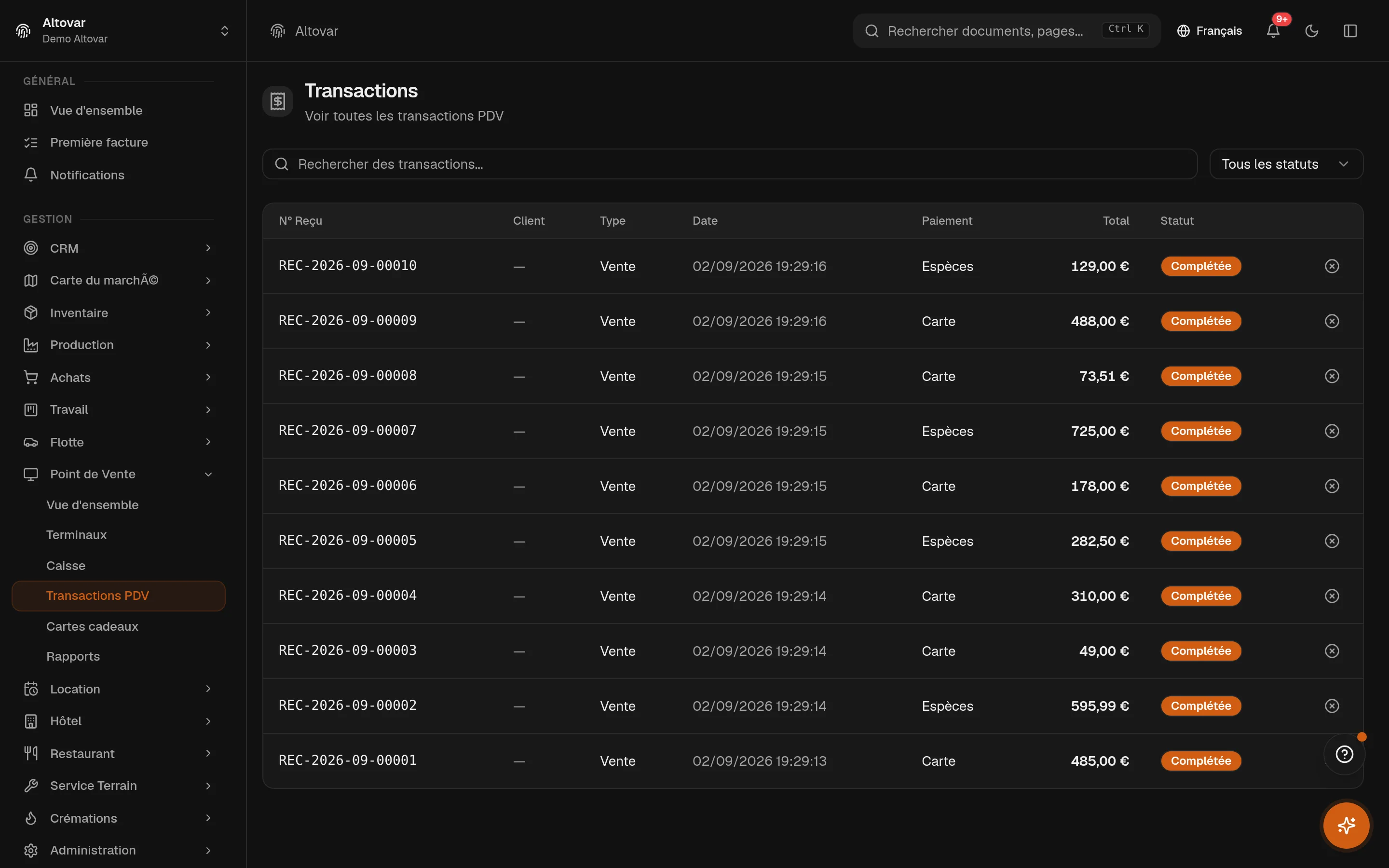La liste des transactions de caisse Equinox : ventes d'une boutique démo avec numéro de ticket, type, date, moyen de paiement, total et état.