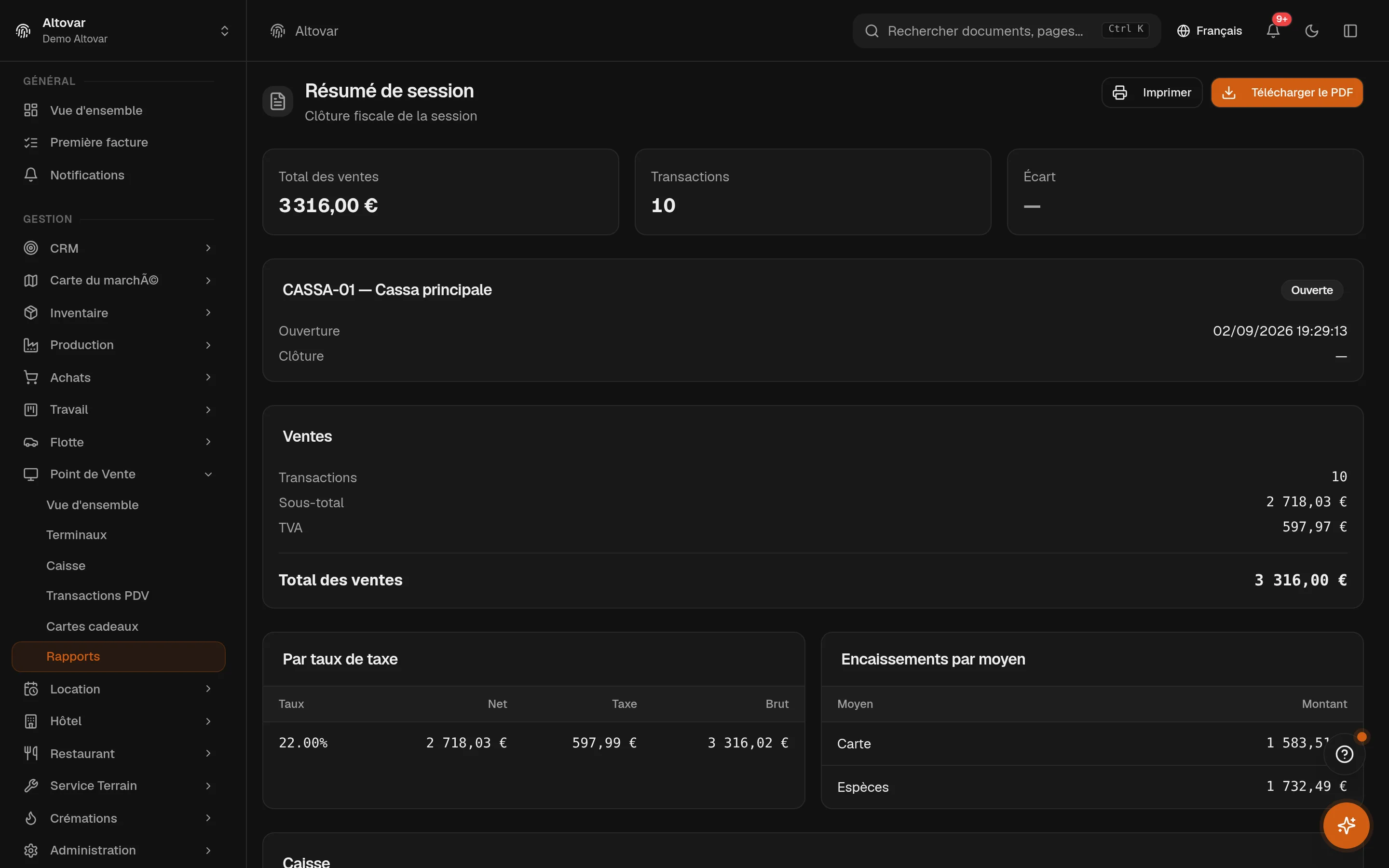 Le récapitulatif de session de caisse d'Equinox : total des ventes, transactions, répartition par taux de TVA et par moyen de paiement de la session ouverte d'une caisse démo.