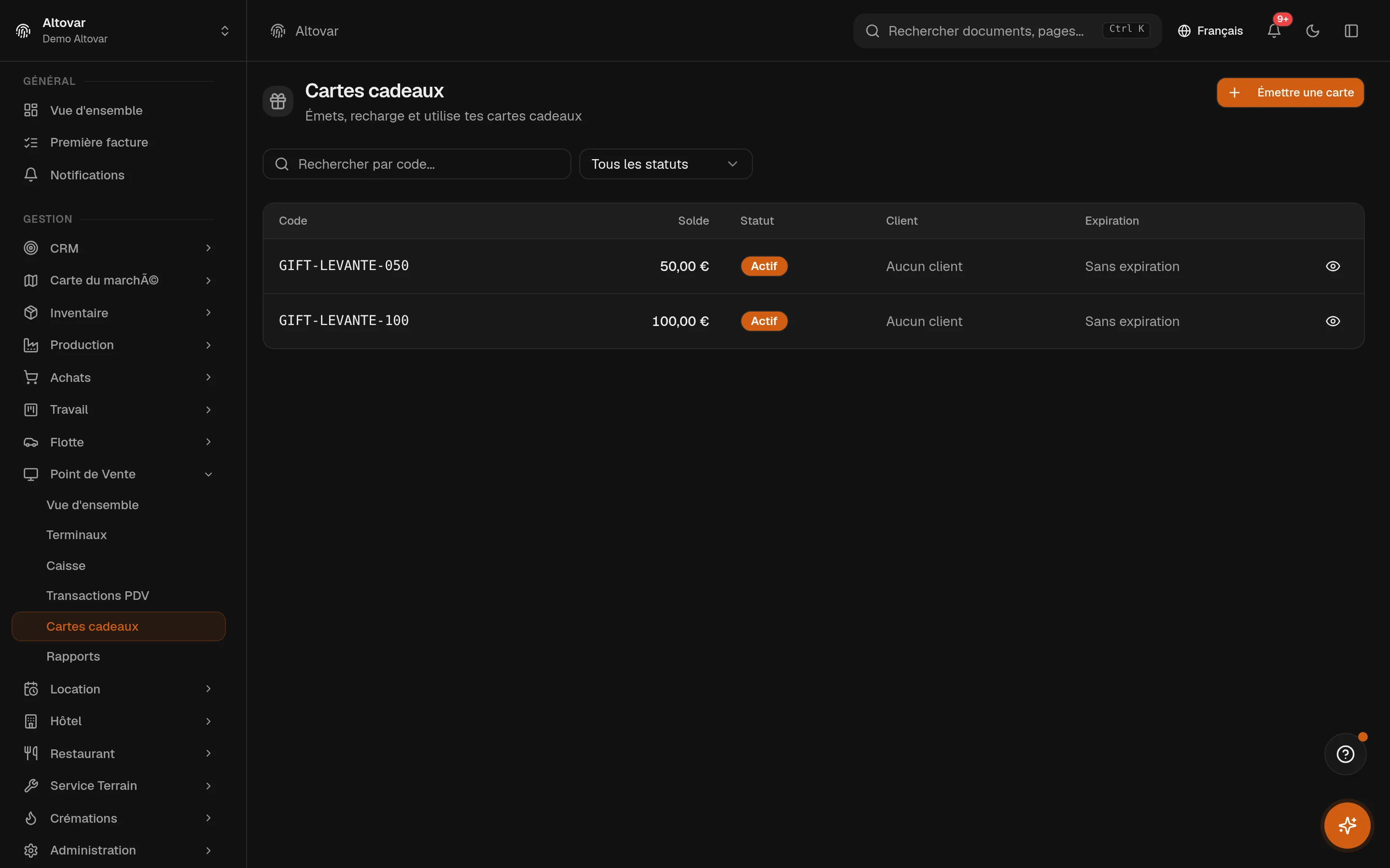 La liste des cartes cadeaux Equinox : cartes d'une boutique démo avec code, solde, état et expiration.