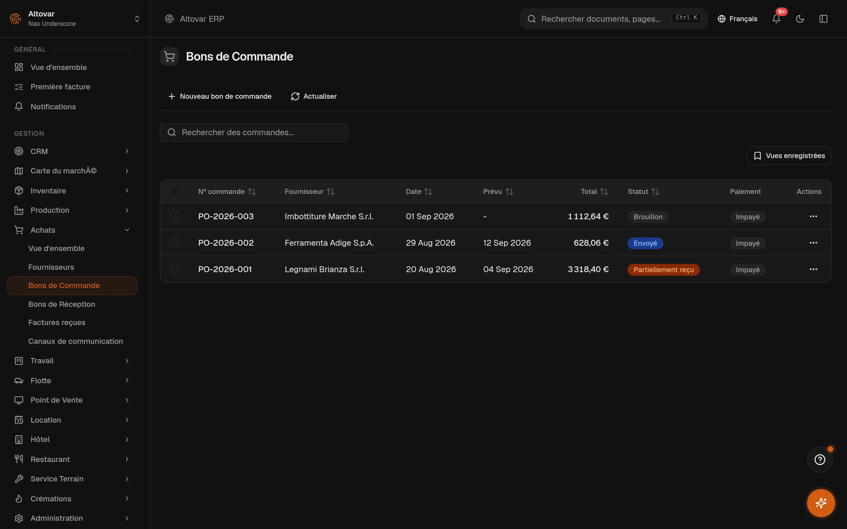 La liste des commandes d’achat d’Equinox : commandes numérotées avec fournisseur, dates, totaux et leur état actuel.