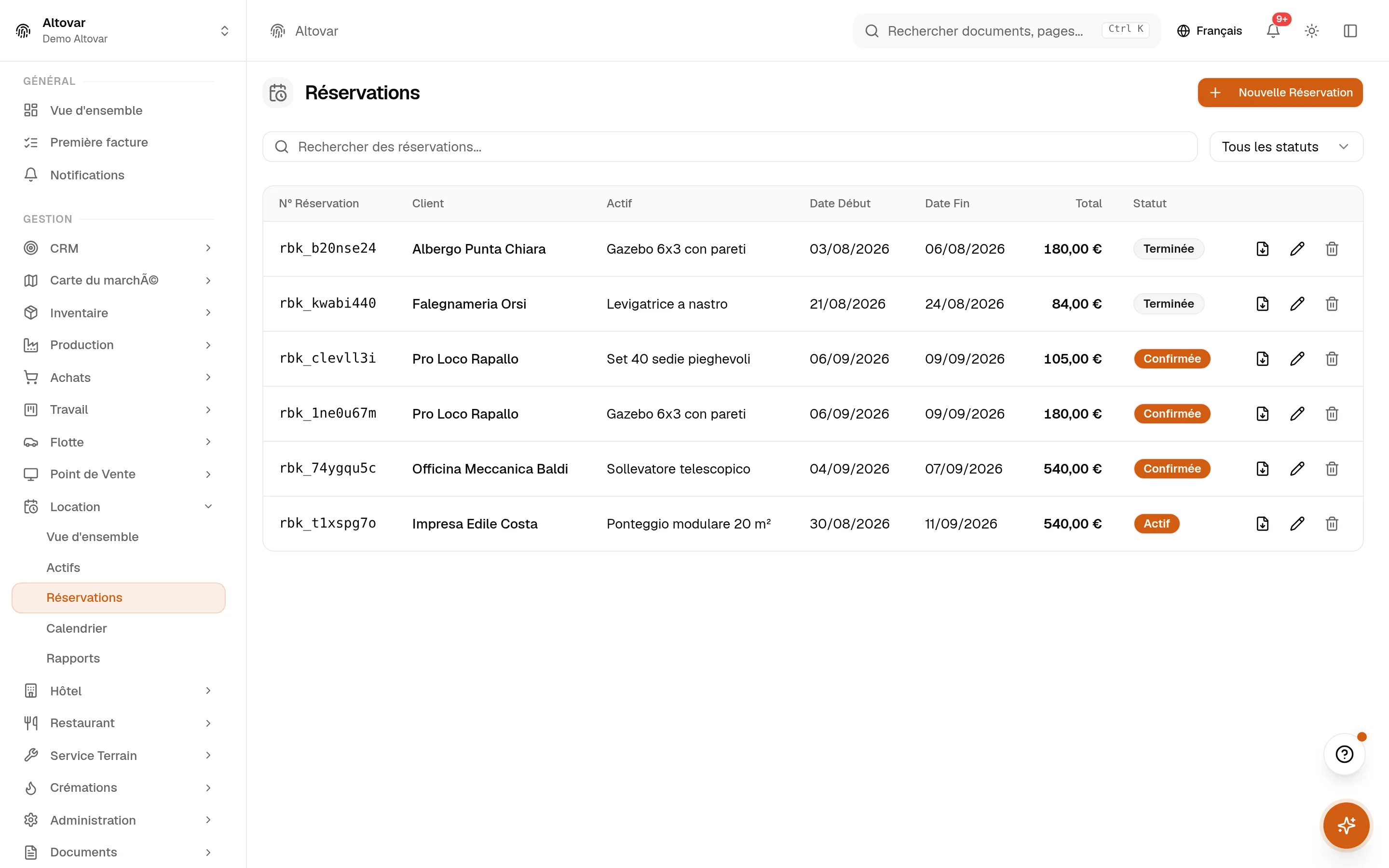 La liste des réservations de location d’Equinox : réservations d’une entreprise démo avec client, matériel, dates, total et statut.
