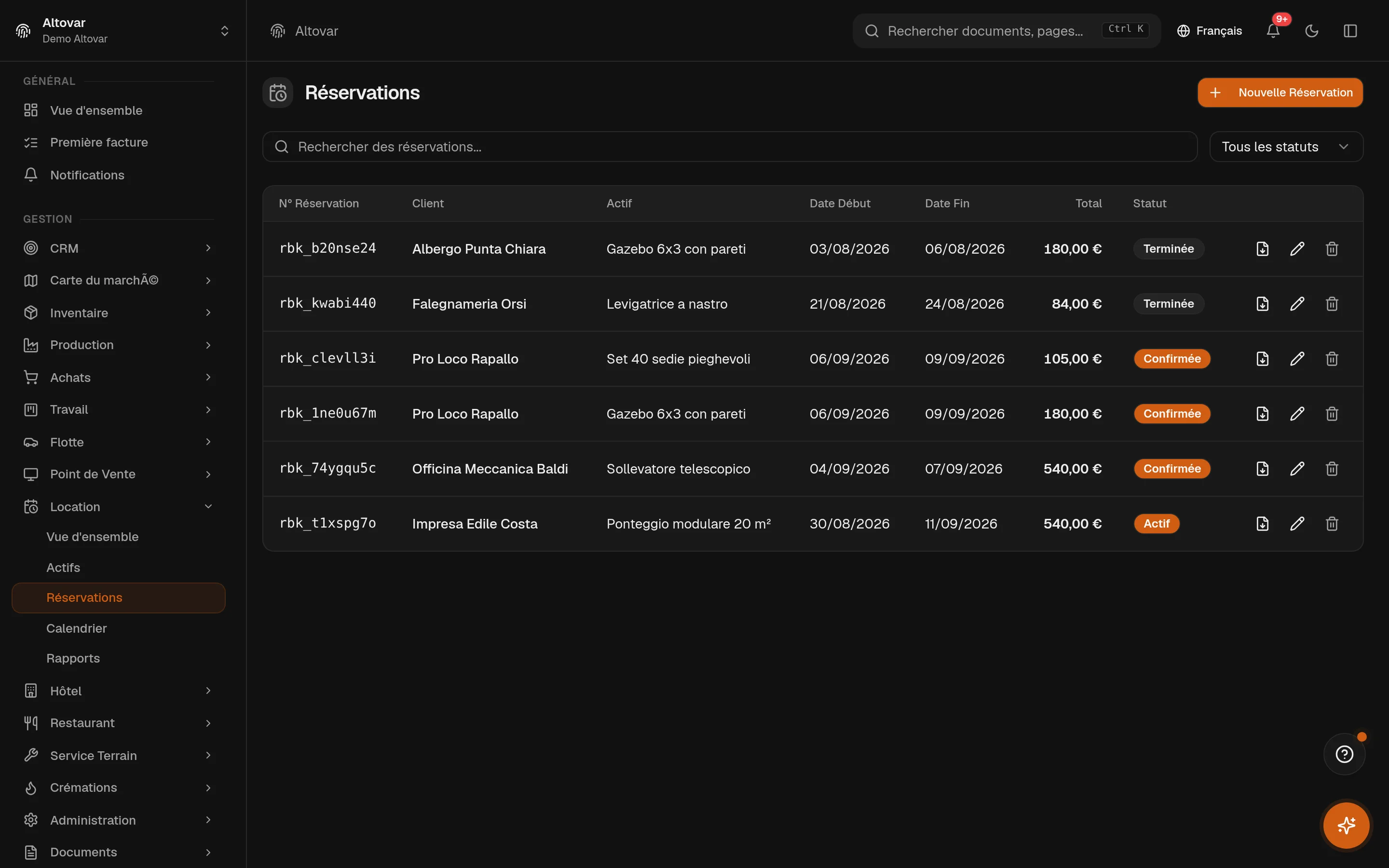 La liste des réservations de location d’Equinox : réservations d’une entreprise démo avec client, matériel, dates, total et statut.