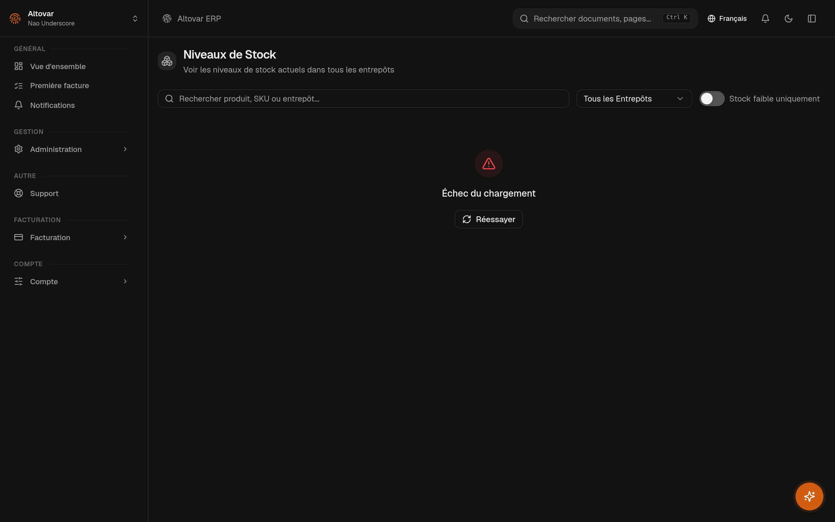 La page des niveaux de stock d’Equinox : quantités par produit et par entrepôt avec la valeur du stock et des statistiques de stock bas.