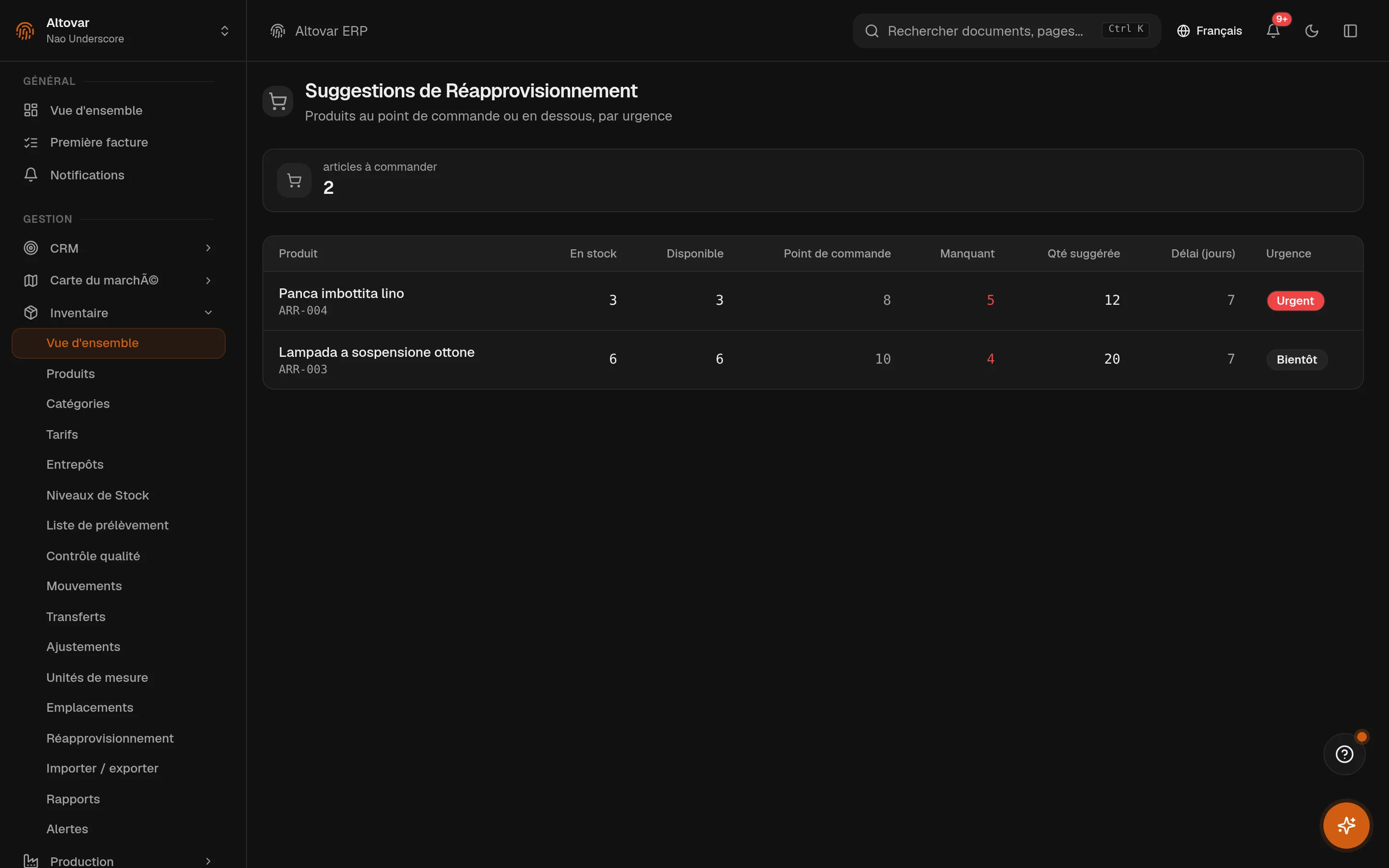 La page des suggestions de réapprovisionnement d’Equinox : produits sous leur point de commande classés par urgence, avec déficits et quantités suggérées.
