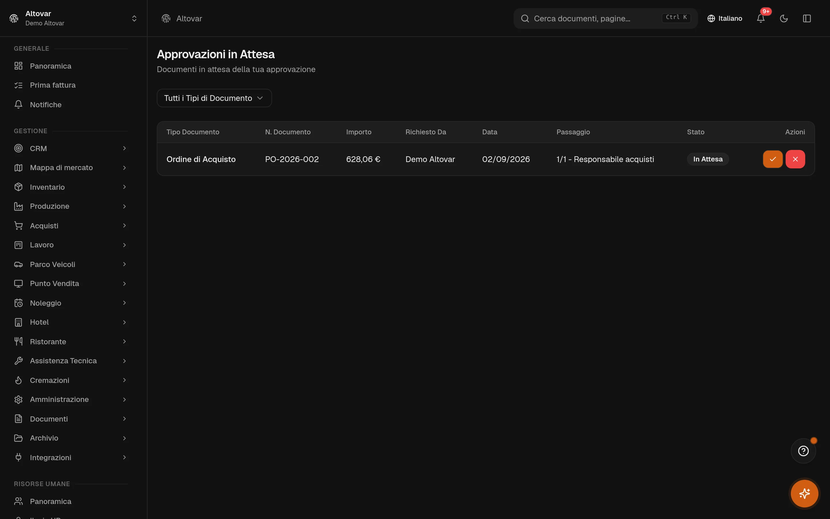 La lista approvazioni in attesa di Equinox: un ordine di acquisto di un’azienda demo fermo al suo passaggio con importo, richiedente e data.