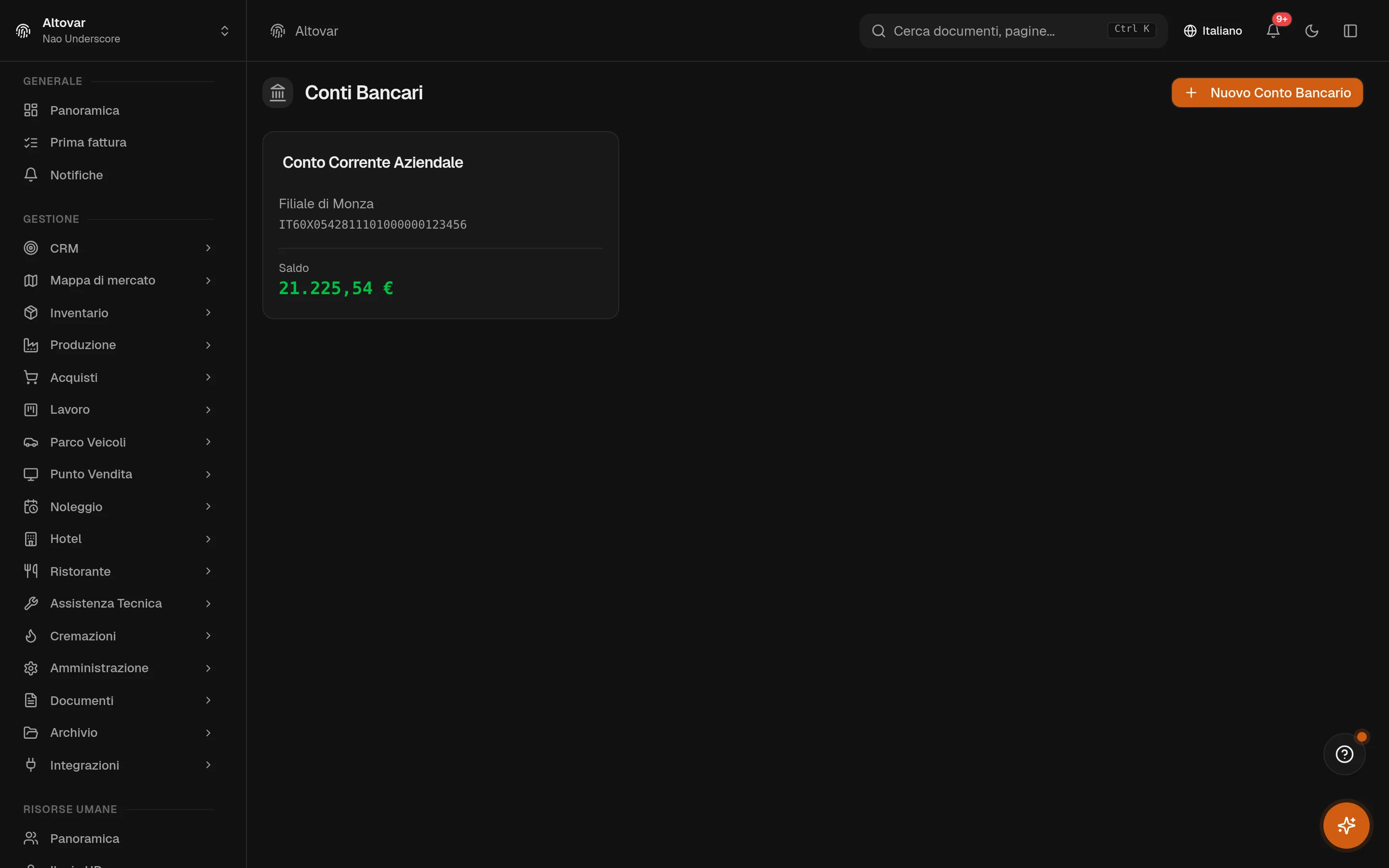 La pagina conti bancari di Equinox: la card di un conto corrente aziendale con IBAN e saldo, sul tema scuro.
