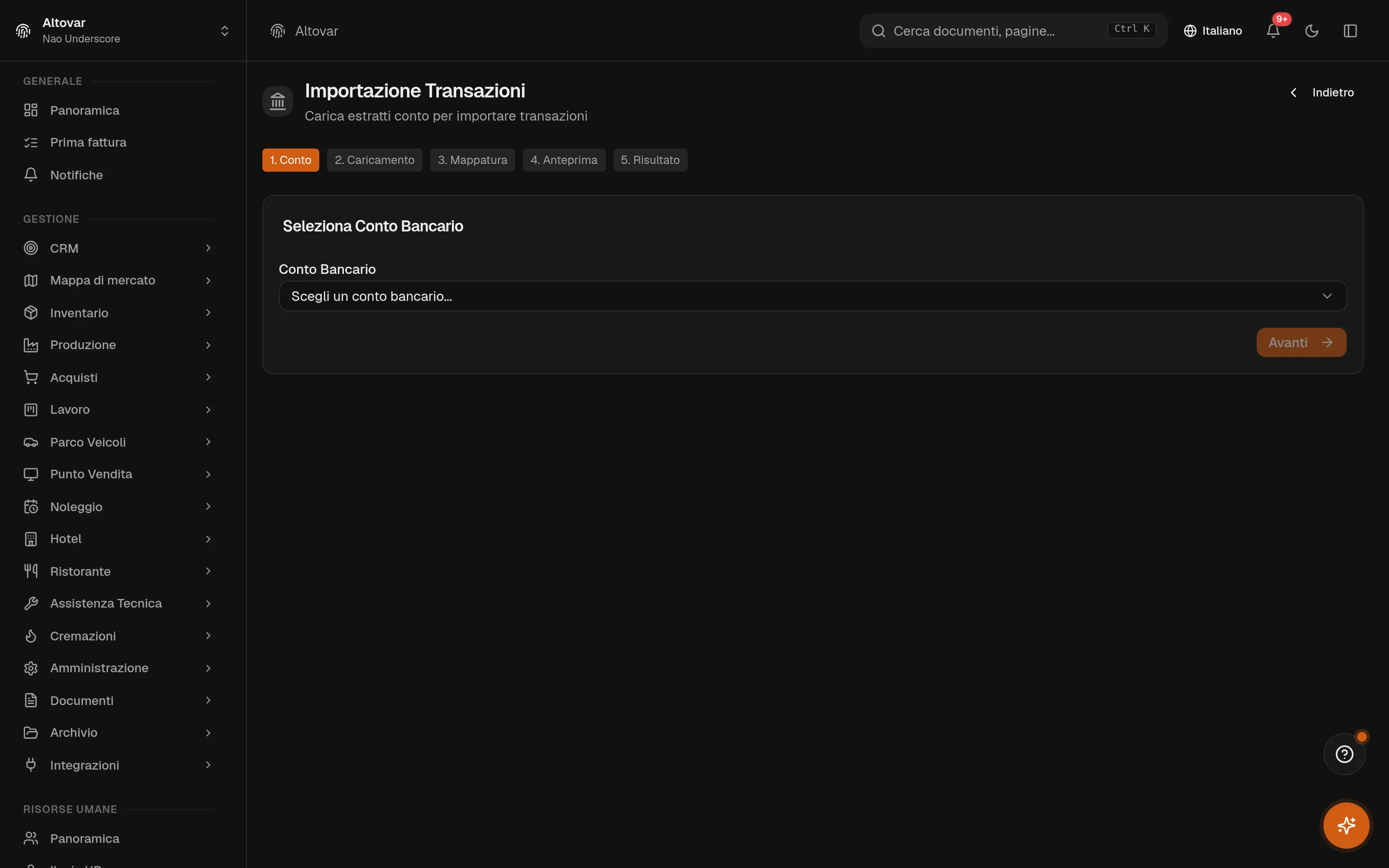 La procedura di import estratto conto di Equinox: scelta del conto e caricamento file, primo di cinque passi.