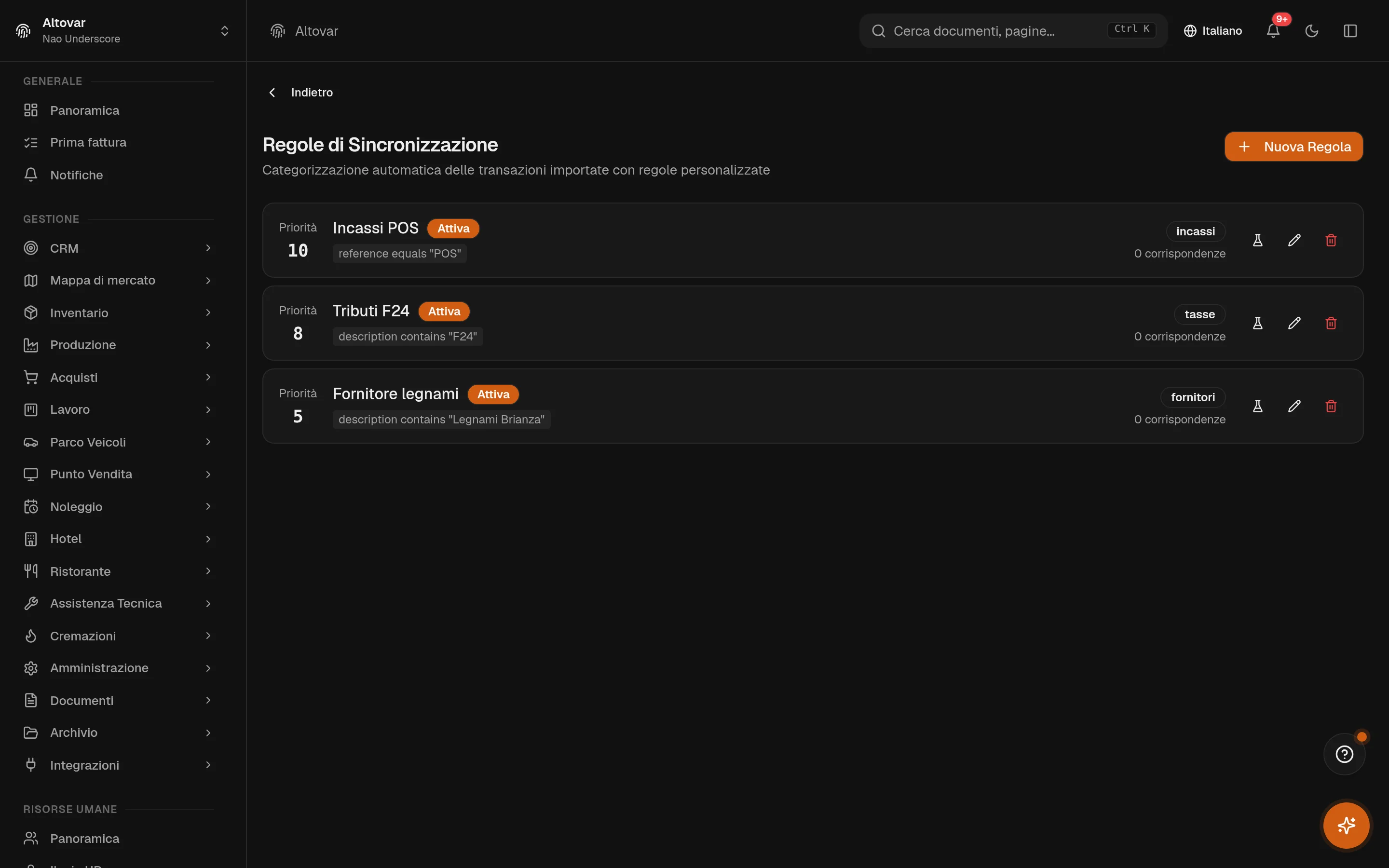 La pagina regole di sincronizzazione in Equinox: regole in ordine di priorità con condizioni, azioni e contatore dei match.