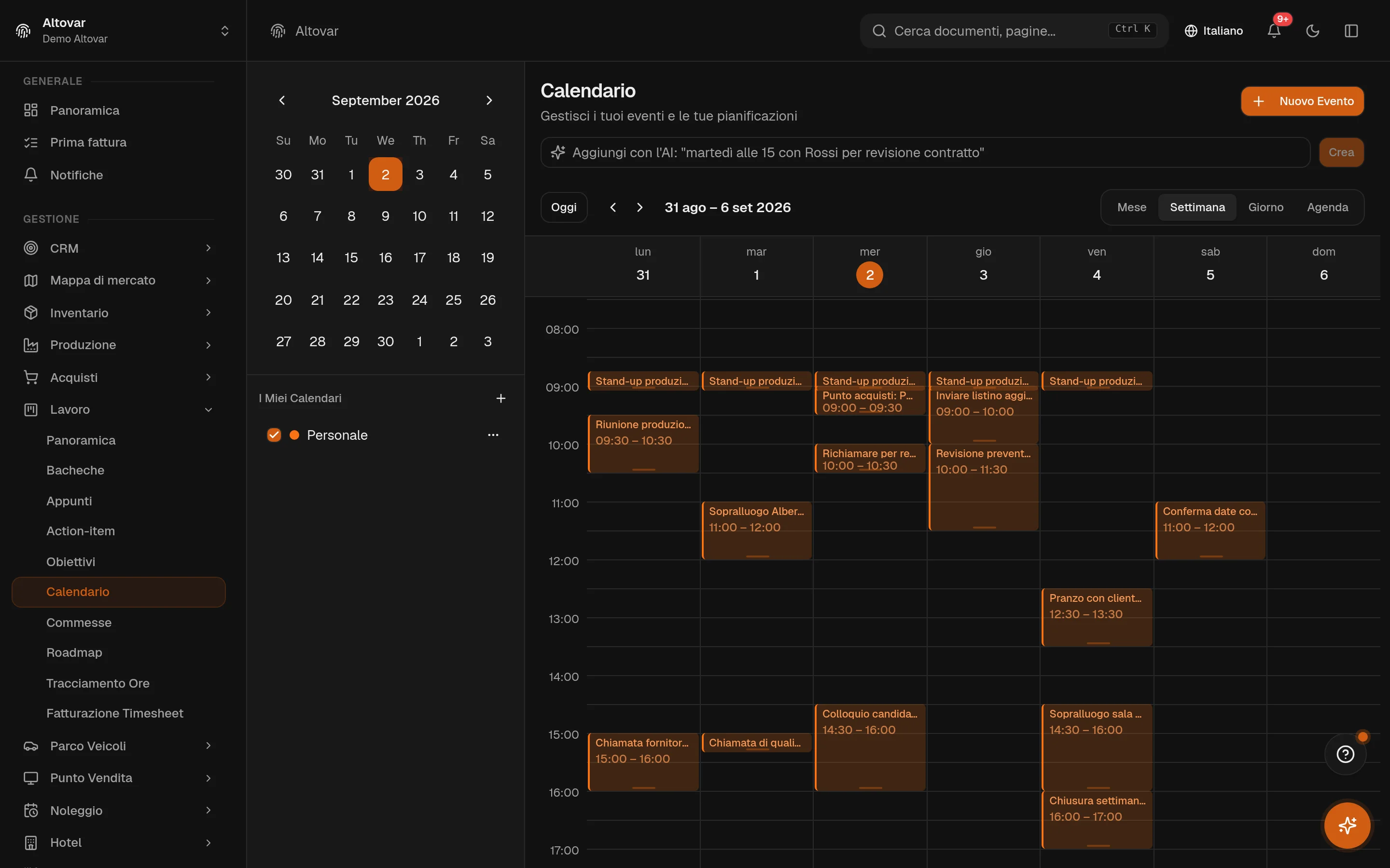 Il calendario di Equinox in vista settimanale: gli eventi di un’azienda demo disposti sulla settimana lavorativa.