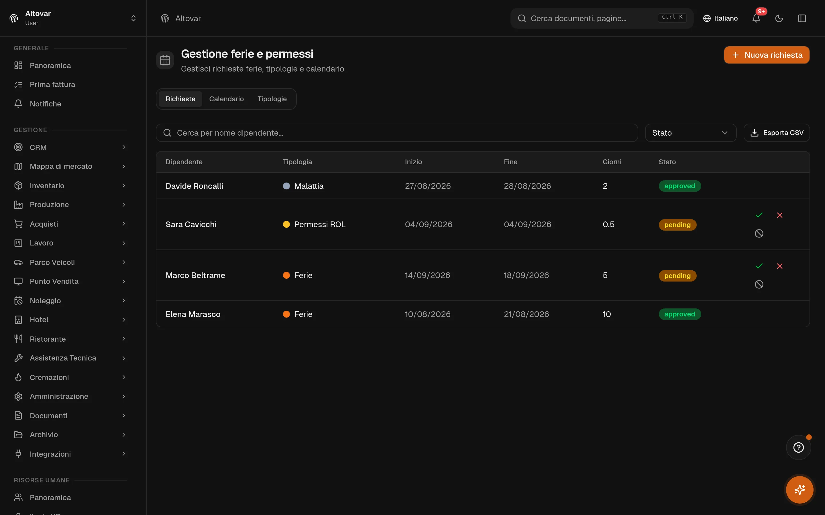 La pagina ferie e permessi di Equinox: quattro richieste con tipologie colorate, date, conteggio giorni, stati di approvazione e azioni approva/rifiuta.
