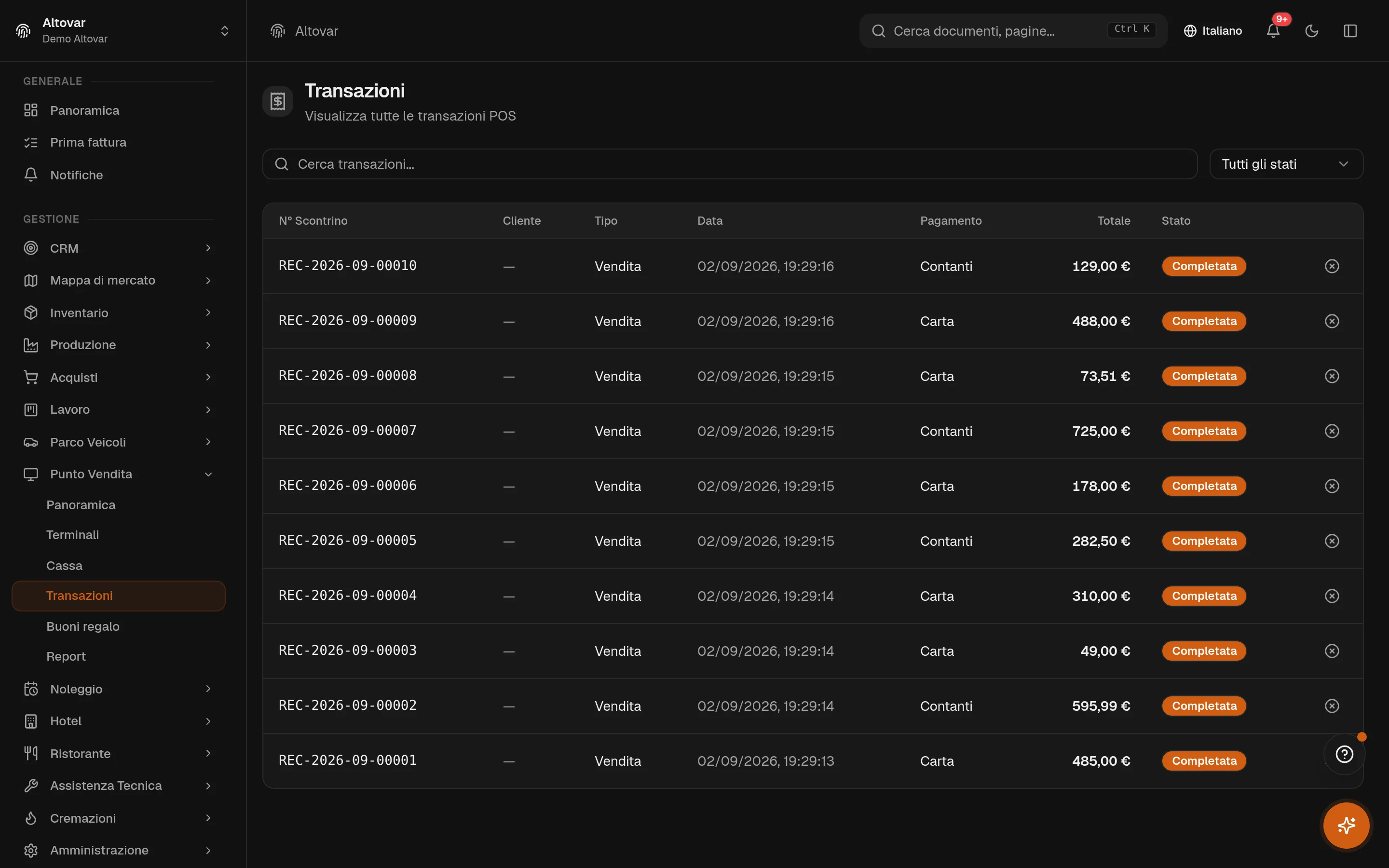 La lista transazioni di cassa di Equinox: vendite di un negozio demo con numero scontrino, tipo, data, metodo di pagamento, totale e stato.