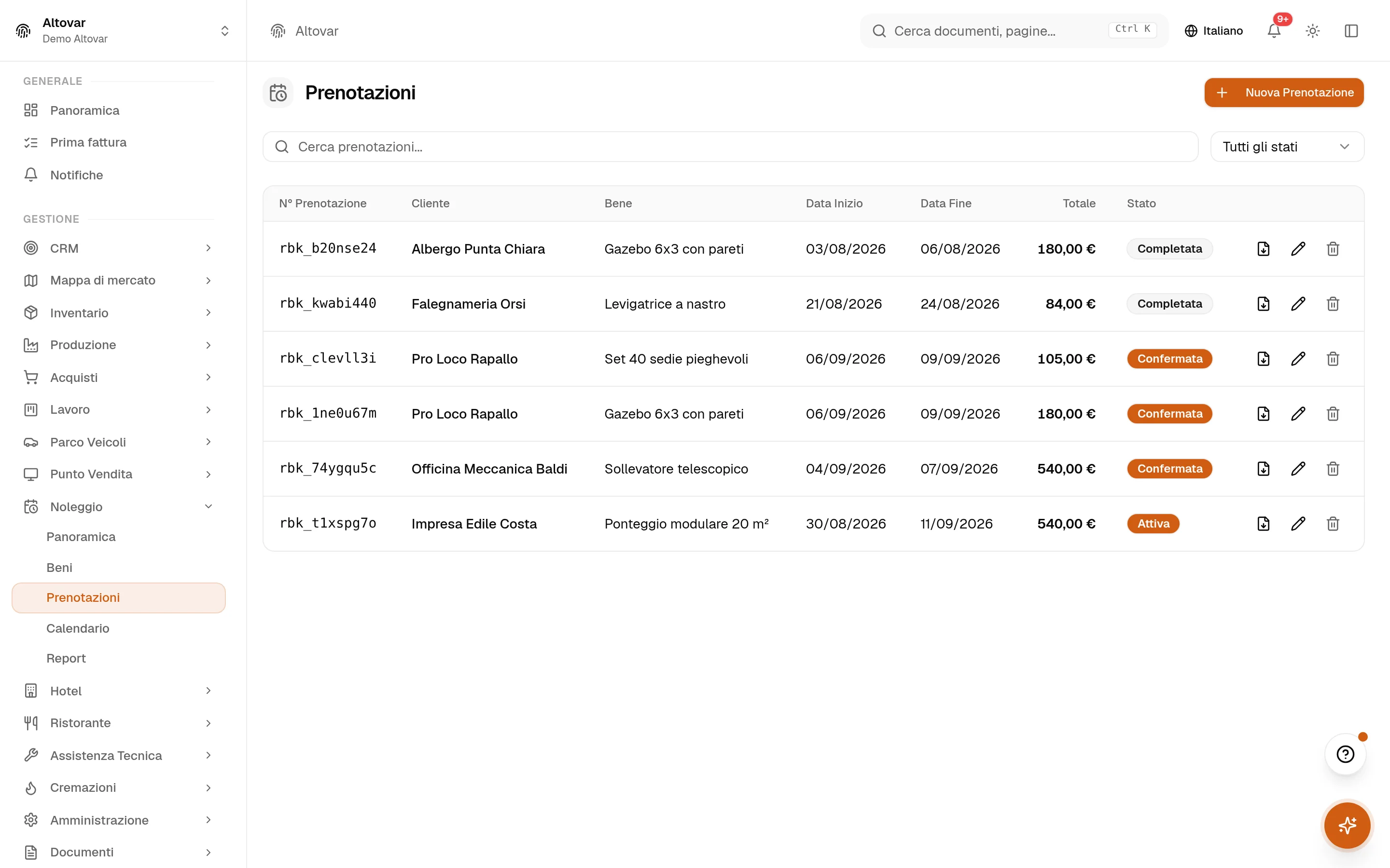 La lista prenotazioni noleggio di Equinox: prenotazioni di un’azienda demo con cliente, bene, date, totale e stato.