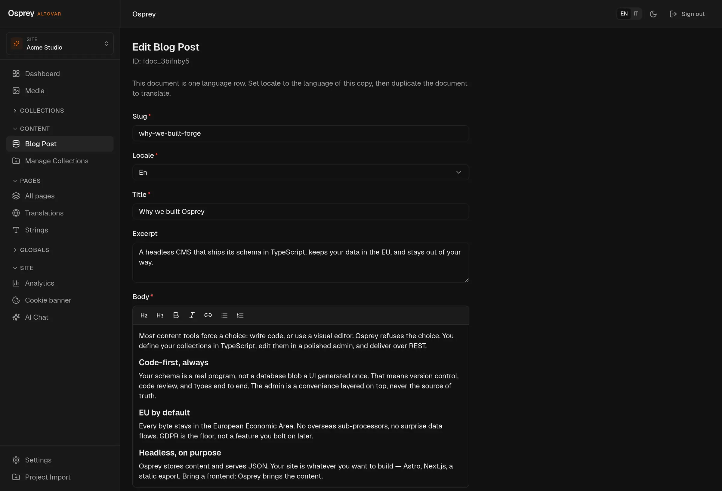The document editor for a blog post: slug, locale, title, excerpt and a rich-text body with a formatting toolbar, drawn from the collection schema.