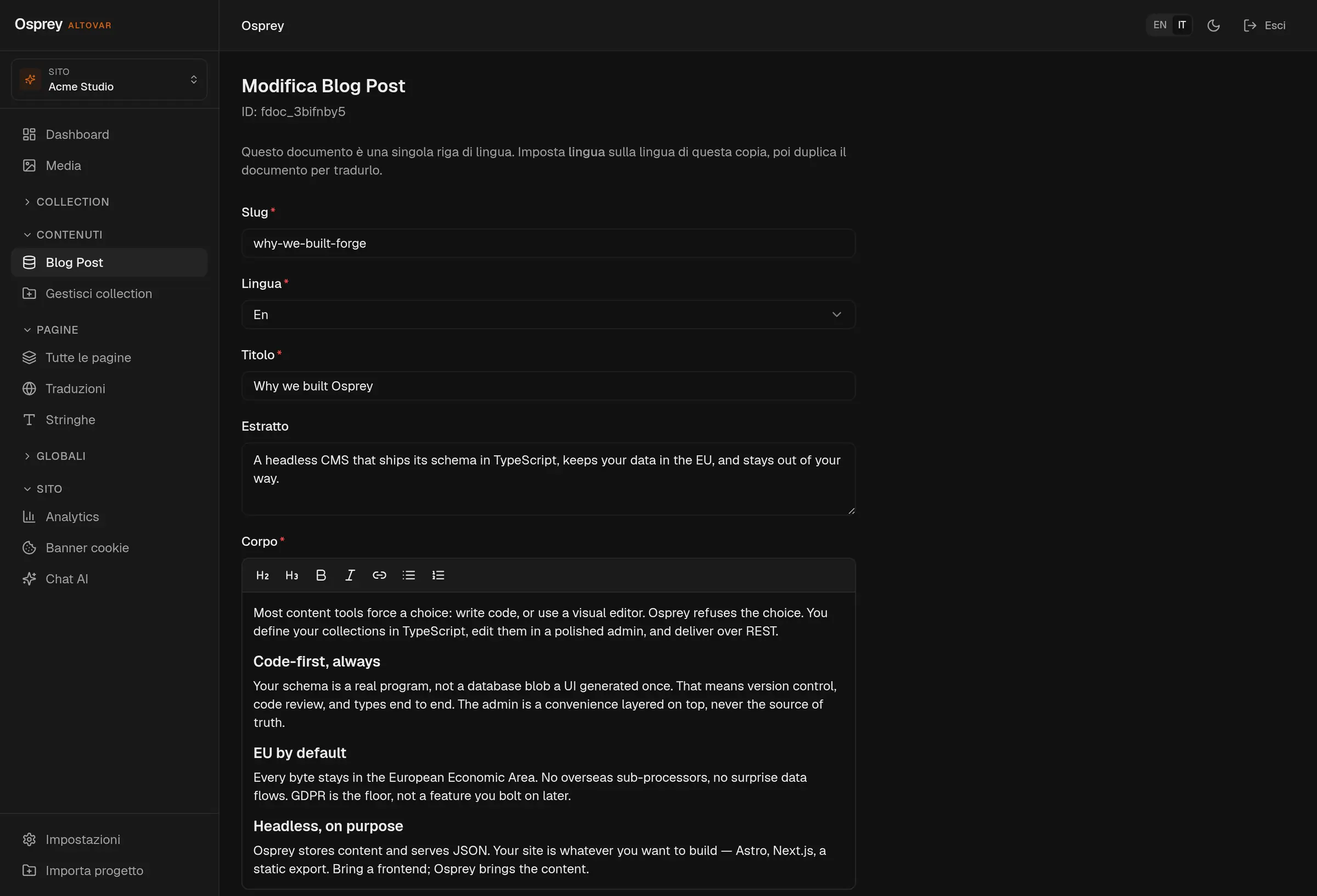 L'editor di un articolo del blog: slug, lingua, titolo, estratto e corpo in rich text con barra di formattazione, generati dallo schema della collection.